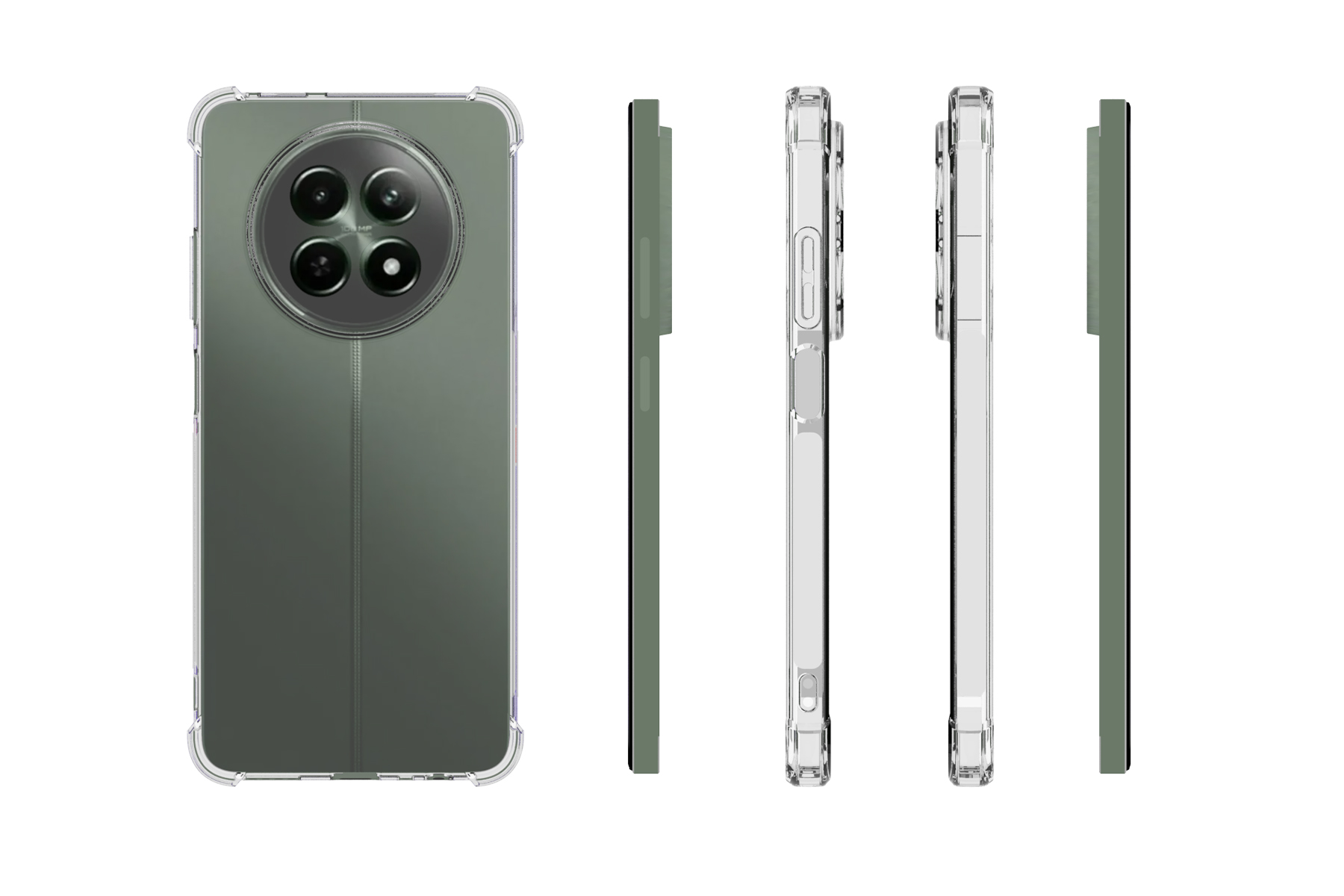 Telefon in klarer Hülle, verschiedene Ansichten. Rückseite mit Kameras, Seitenansicht mit Knöpfen, grüne Farbe.