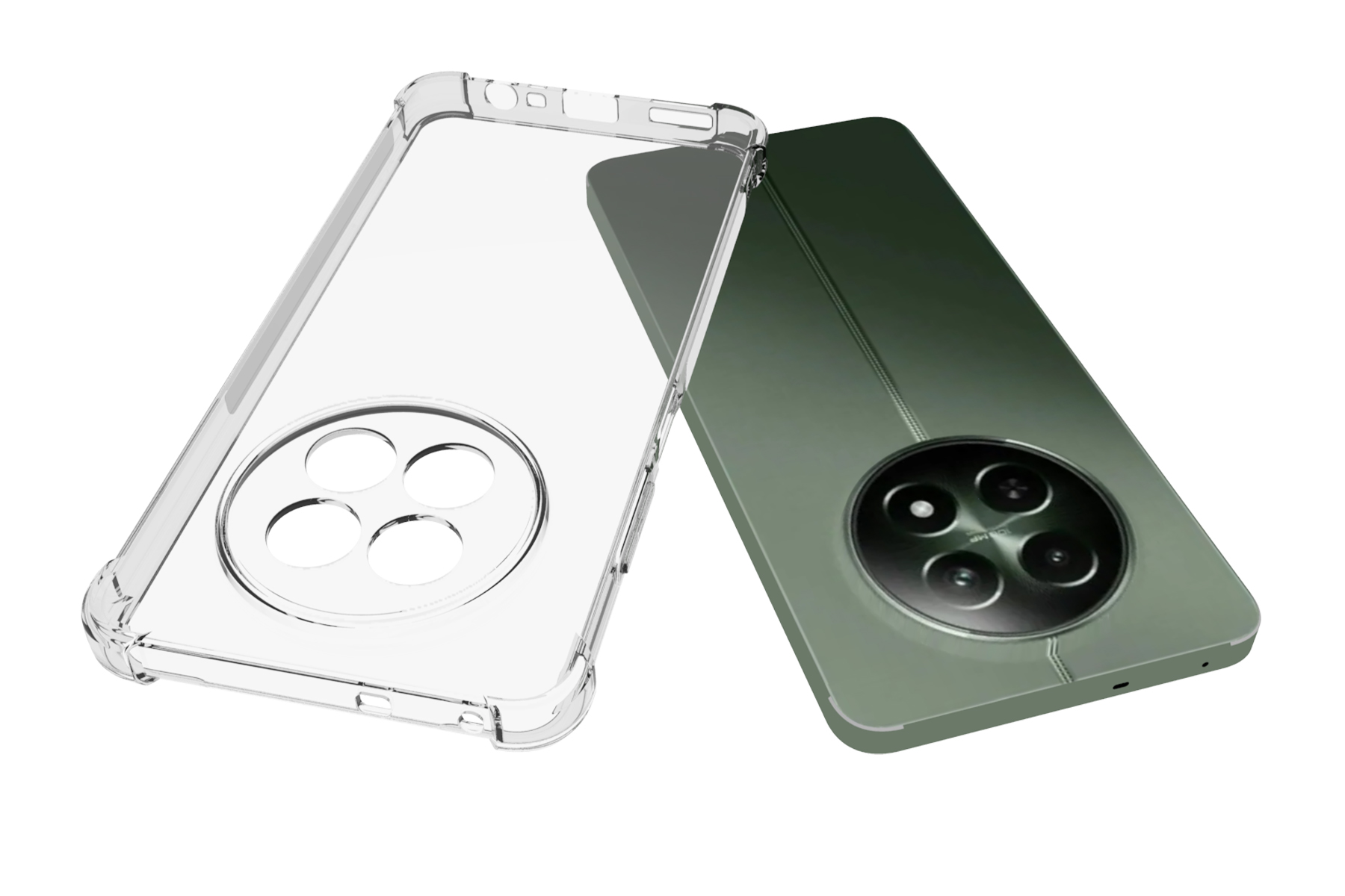 Ein Smartphone mit grüner Rückseite und einer durchsichtigen Hülle daneben, beides vor weißem Hintergrund.