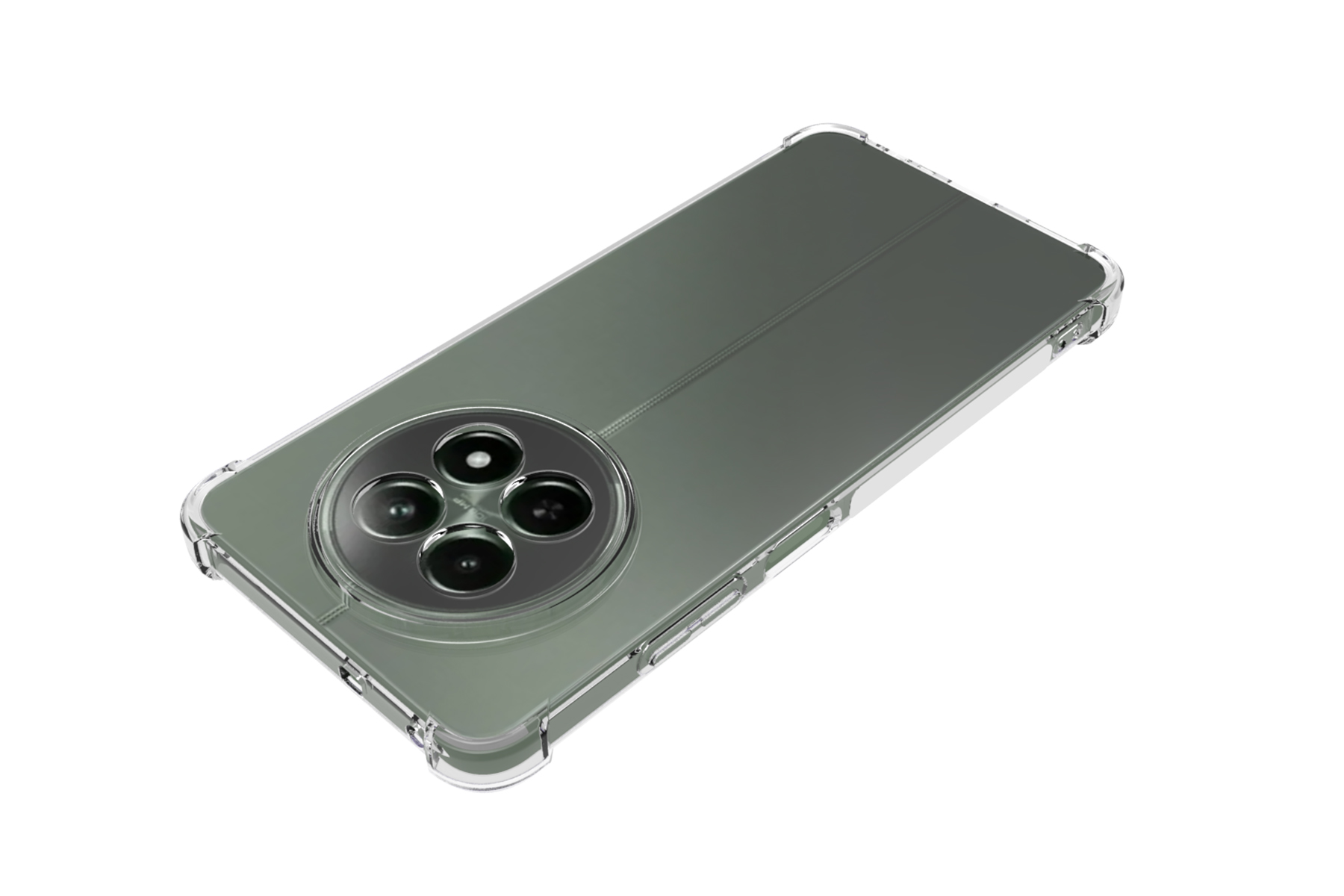 Ein Telefon mit klarer Hülle. Das Telefon hat ein kreisförmiges Kameramodul und ist nach rechts abgewinkelt.