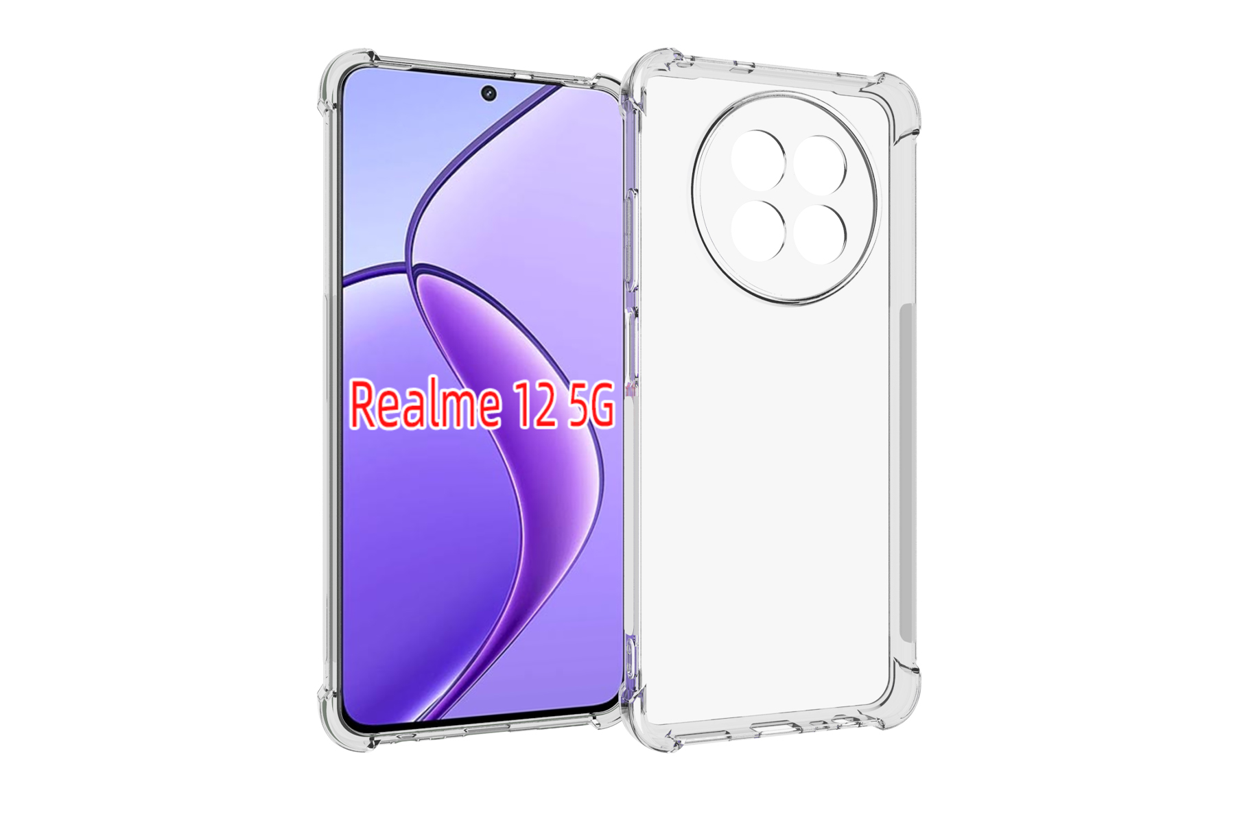 Transparente Handyhülle auf weißer Oberfläche mit Telefon darin. Telefon zeigt eine lila und weiße Grafik.