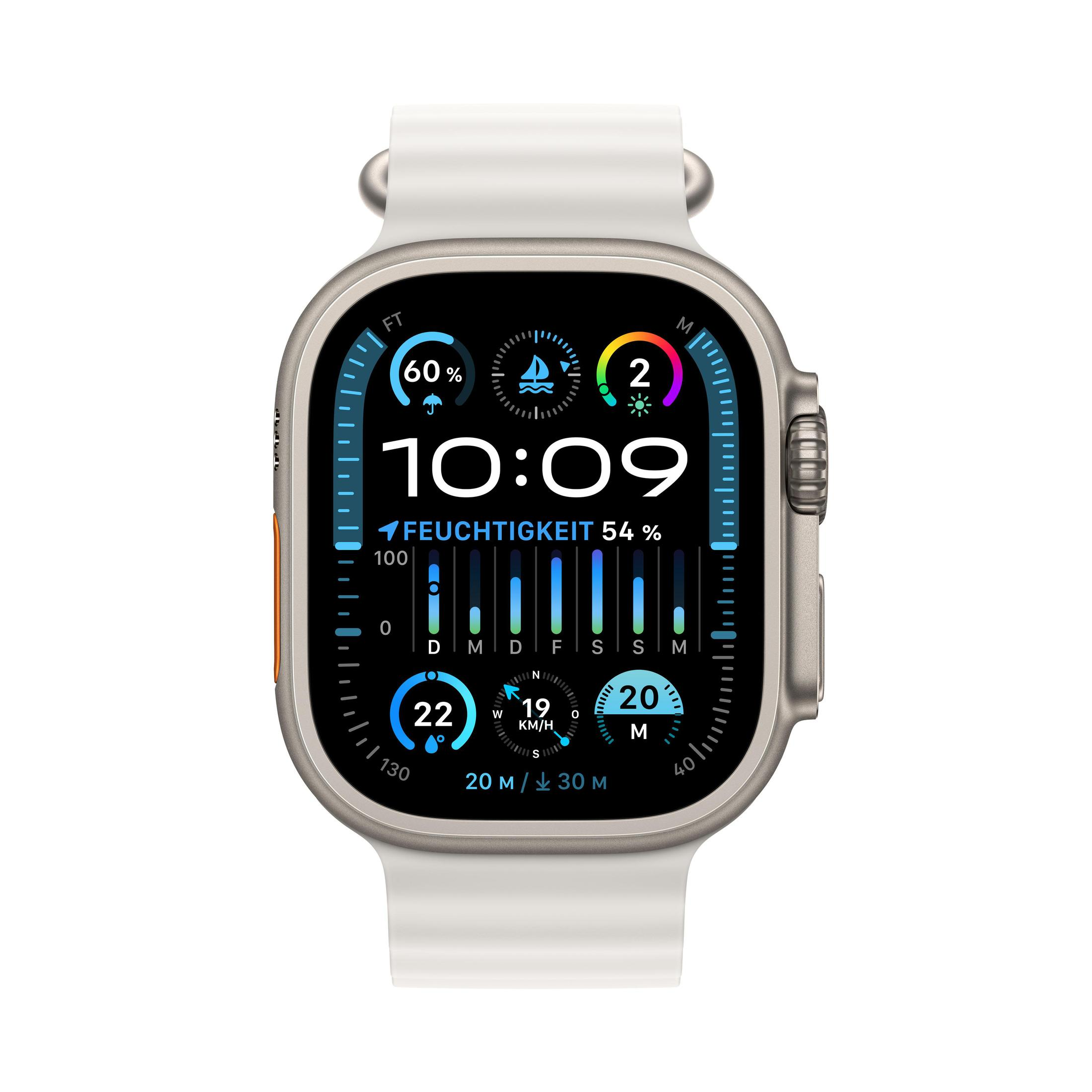 Silberne Apple Watch Ultra mit weißem Armband, zeigt verschiedene Metriken.