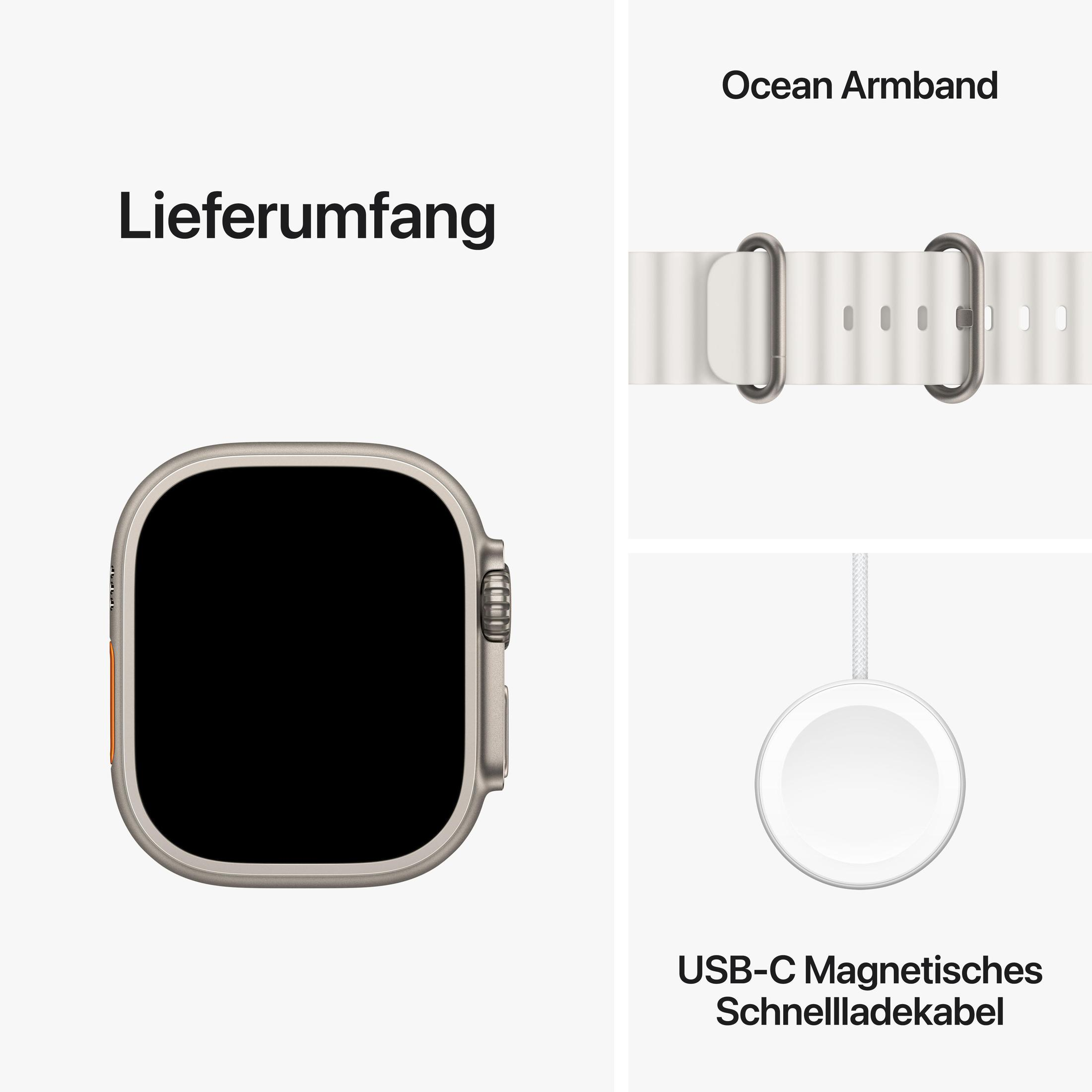 Nahaufnahme einer silbernen Apple Watch Ultra mit schwarzem Bildschirm, weißem Ladekabel und Armband.