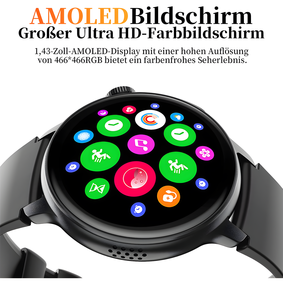 Schwarze Smartwatch mit bunten App-Symbolen auf dem Bildschirm. Text oben. Schwarzes Armband.
