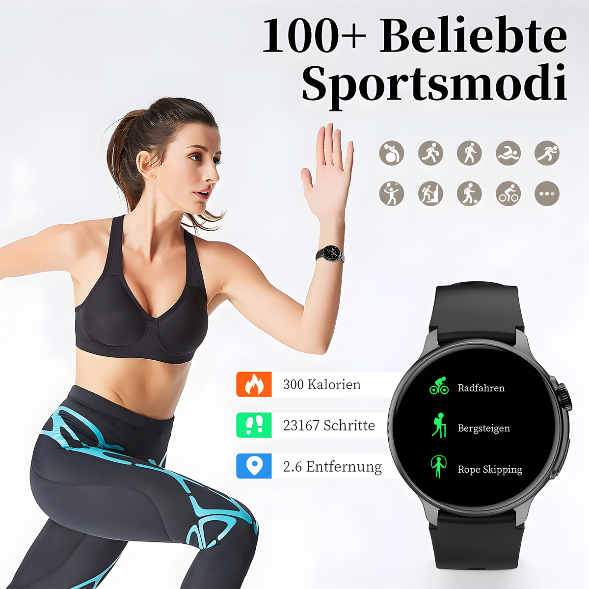 Frau beim Laufen, Smartwatch mit Sportmodi und Fitnessdaten. Text: 100+ Sportarten.