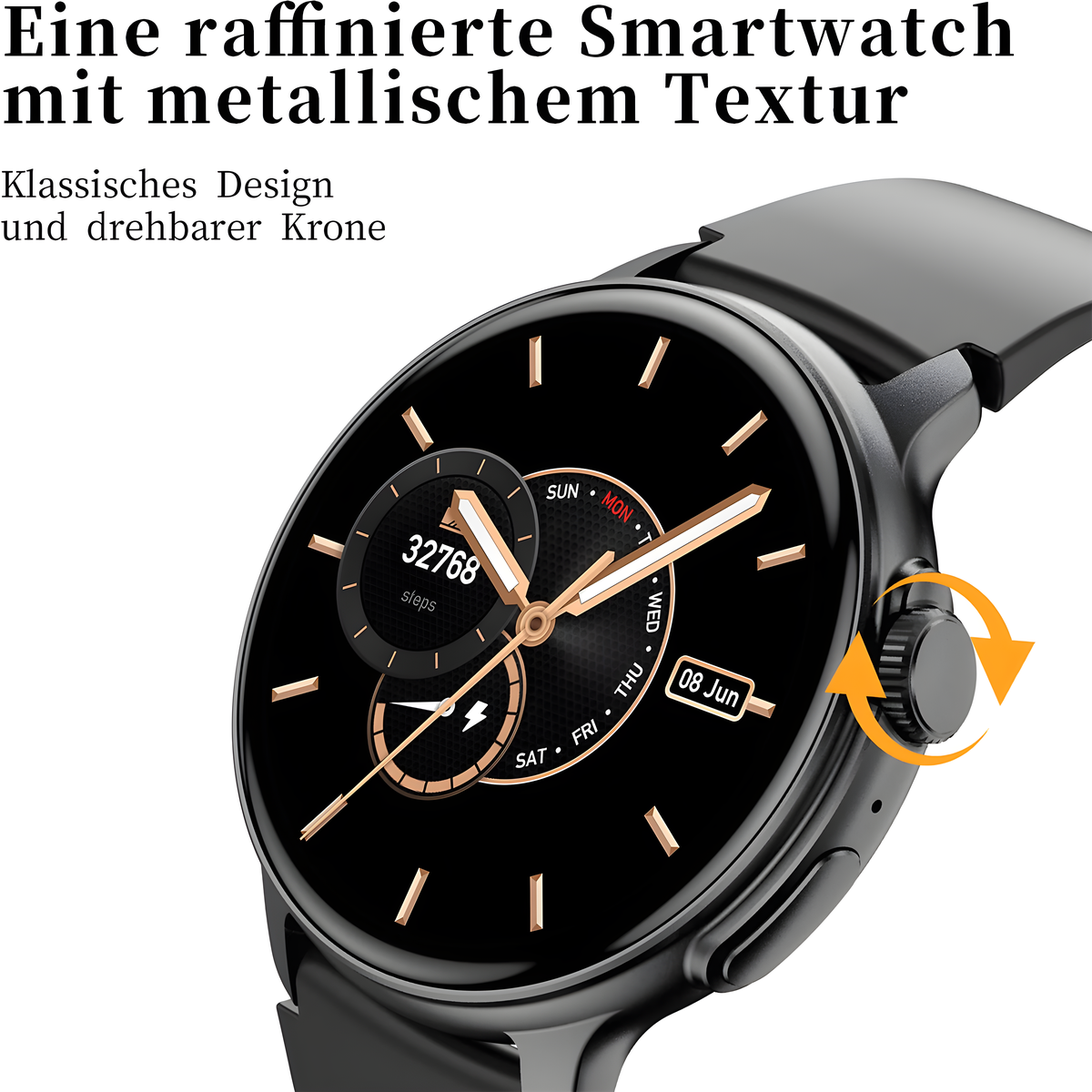 Schwarze Smartwatch mit goldenem Zifferblatt, schwarzem Armband und drehbarer Krone. Weißer Hintergrund.