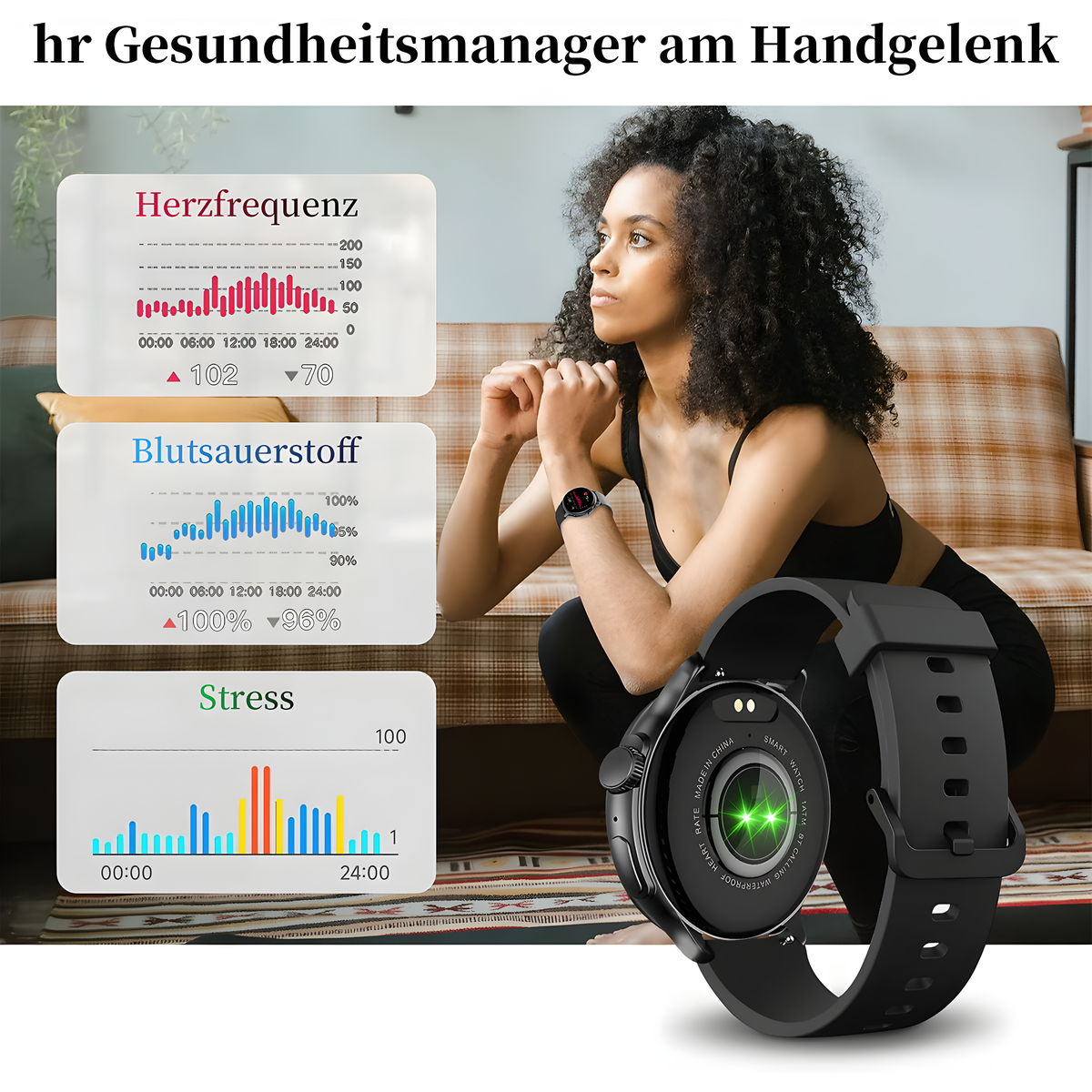 Frau, die Gesundheitsdaten mit einer Smartwatch misst. Diagramme von Herzfrequenz, Sauerstoff und Stress werden angezeigt.