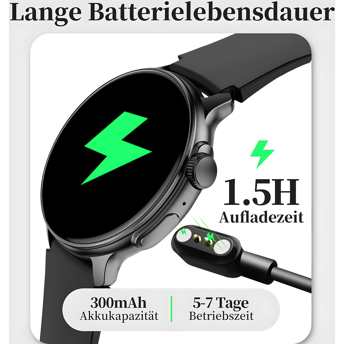 Smartwatch mit schwarzem Armband, grünem Ladesymbol und 300 mAh Akku. Zeigt Akkulebensdauer an.