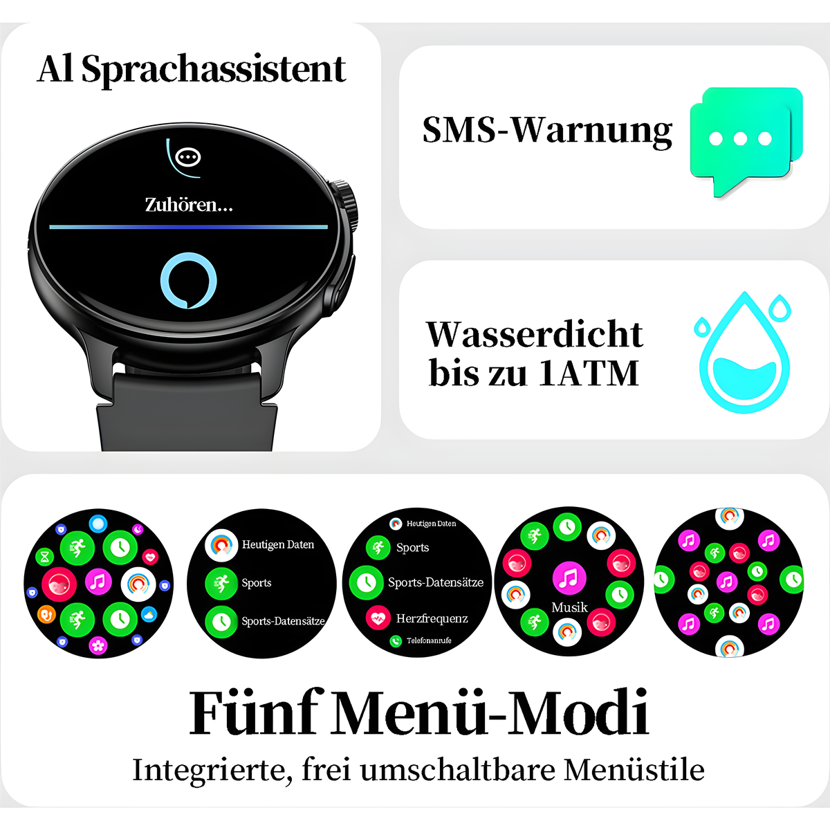 Smartwatch mit schwarzem Armband. Bildschirm zeigt 'Zuhören'. Icons für SMS, wasserdicht und Menümodi.