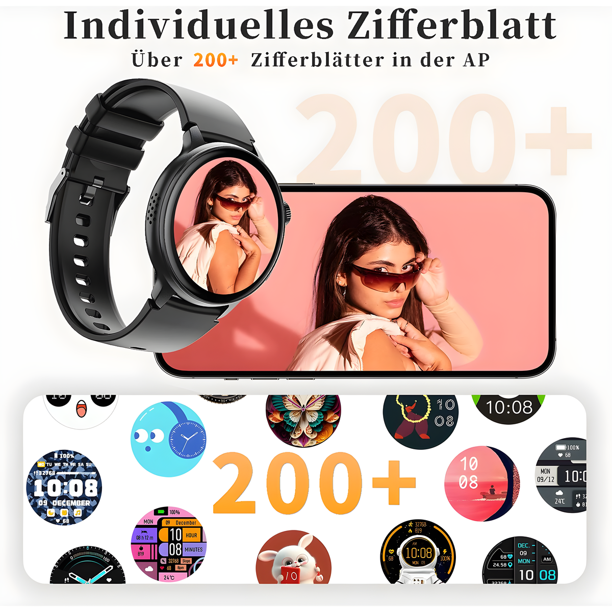 Smartwatch mit verschiedenen Zifferblättern, mit großem '200+' Overlay.
