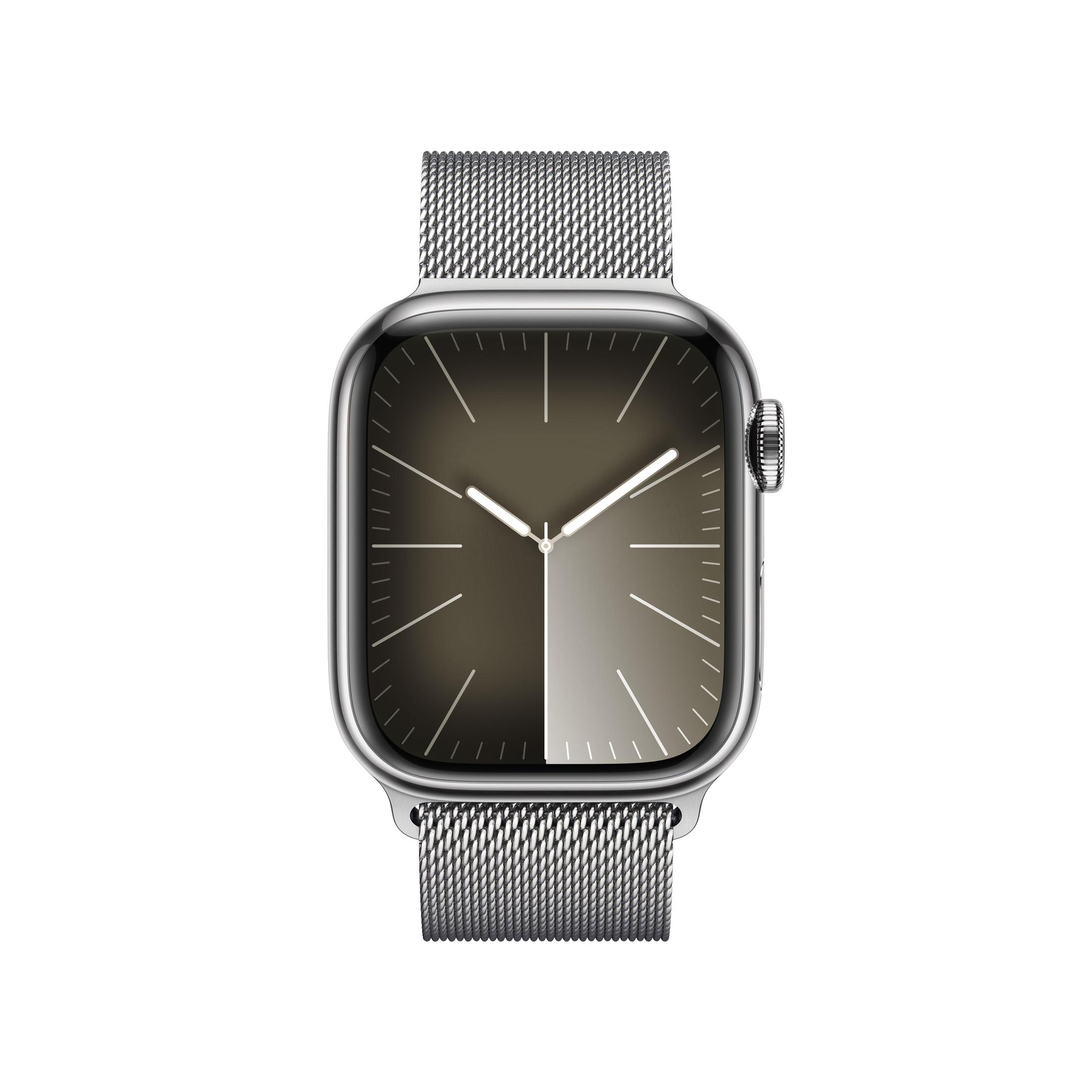 Eine Apple Watch mit silbernem Gehäuse und einem silbernen Mesh-Armband. Das Zifferblatt ist zweifarbig grau.