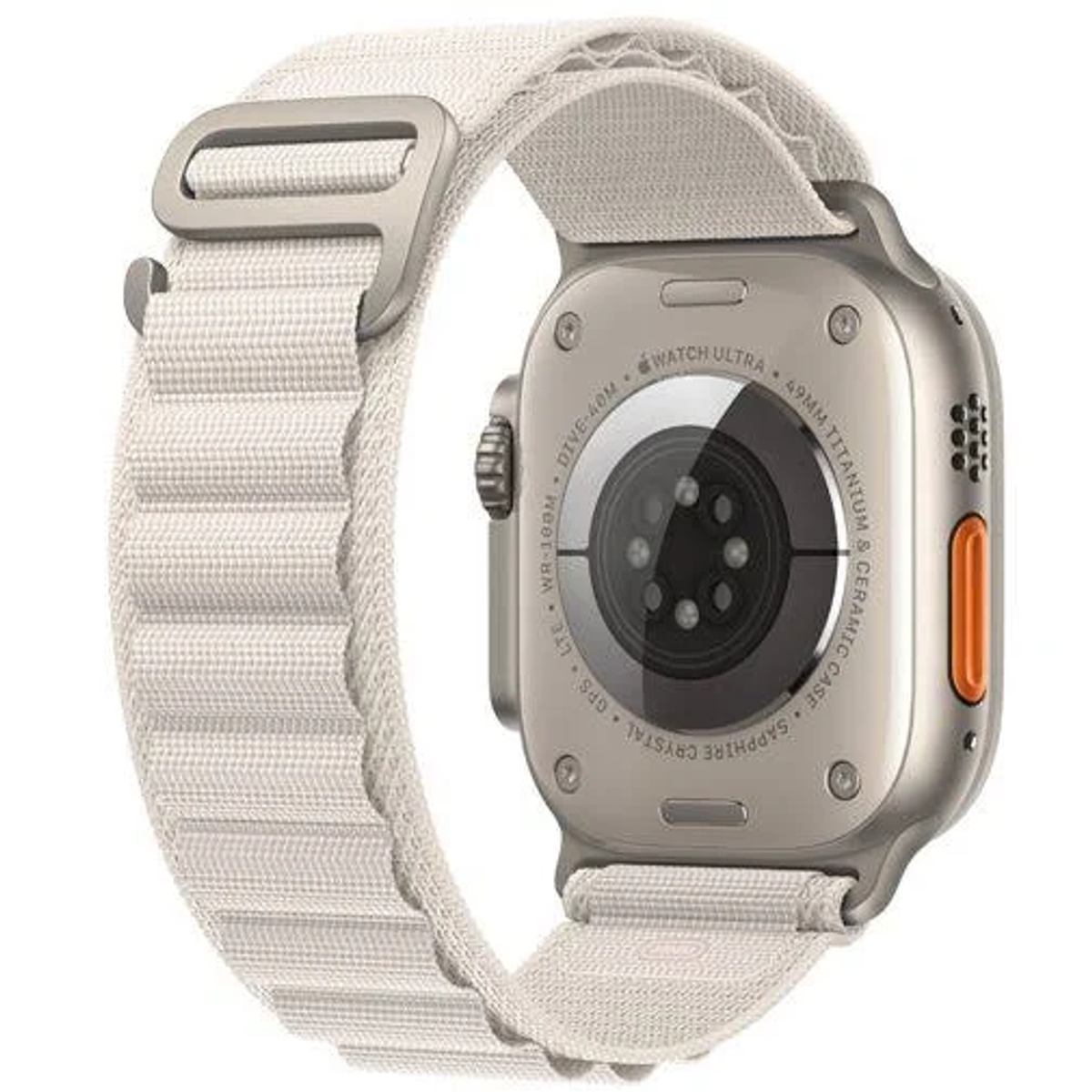 Apple Watch Ultra an weißem Armband. Rückseite der Uhr ist sichtbar.