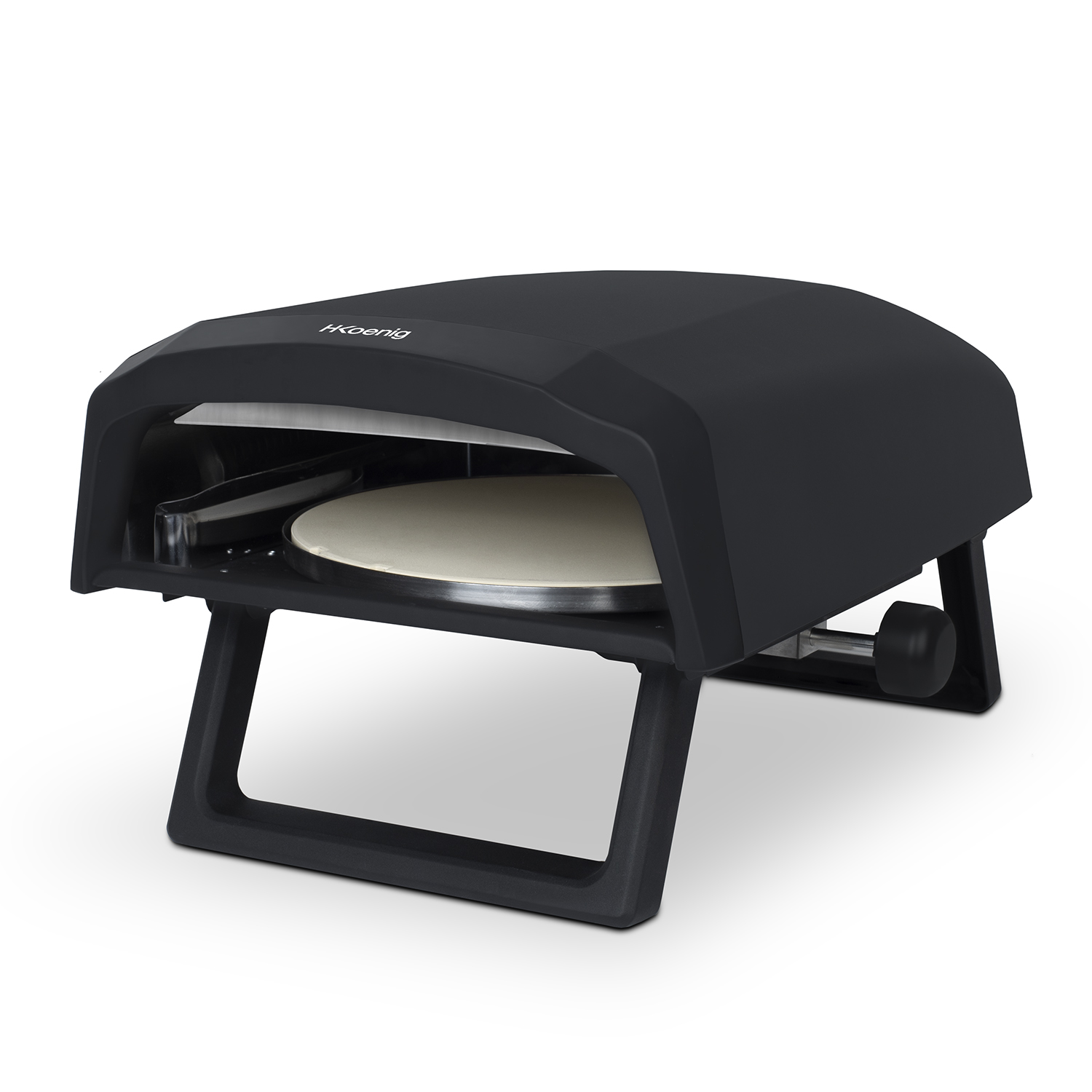 Forno per pizza nero con base per pizza bianca, su sfondo bianco.