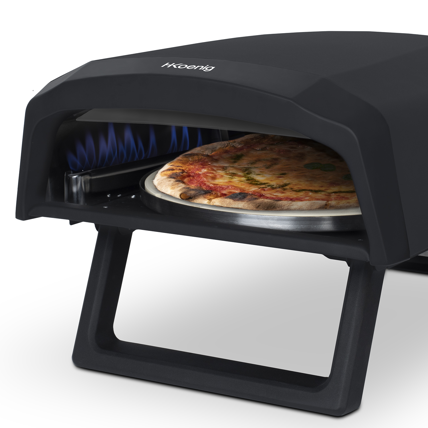 Forno per pizza nero con pizza dentro. Fiamme blu visibili.