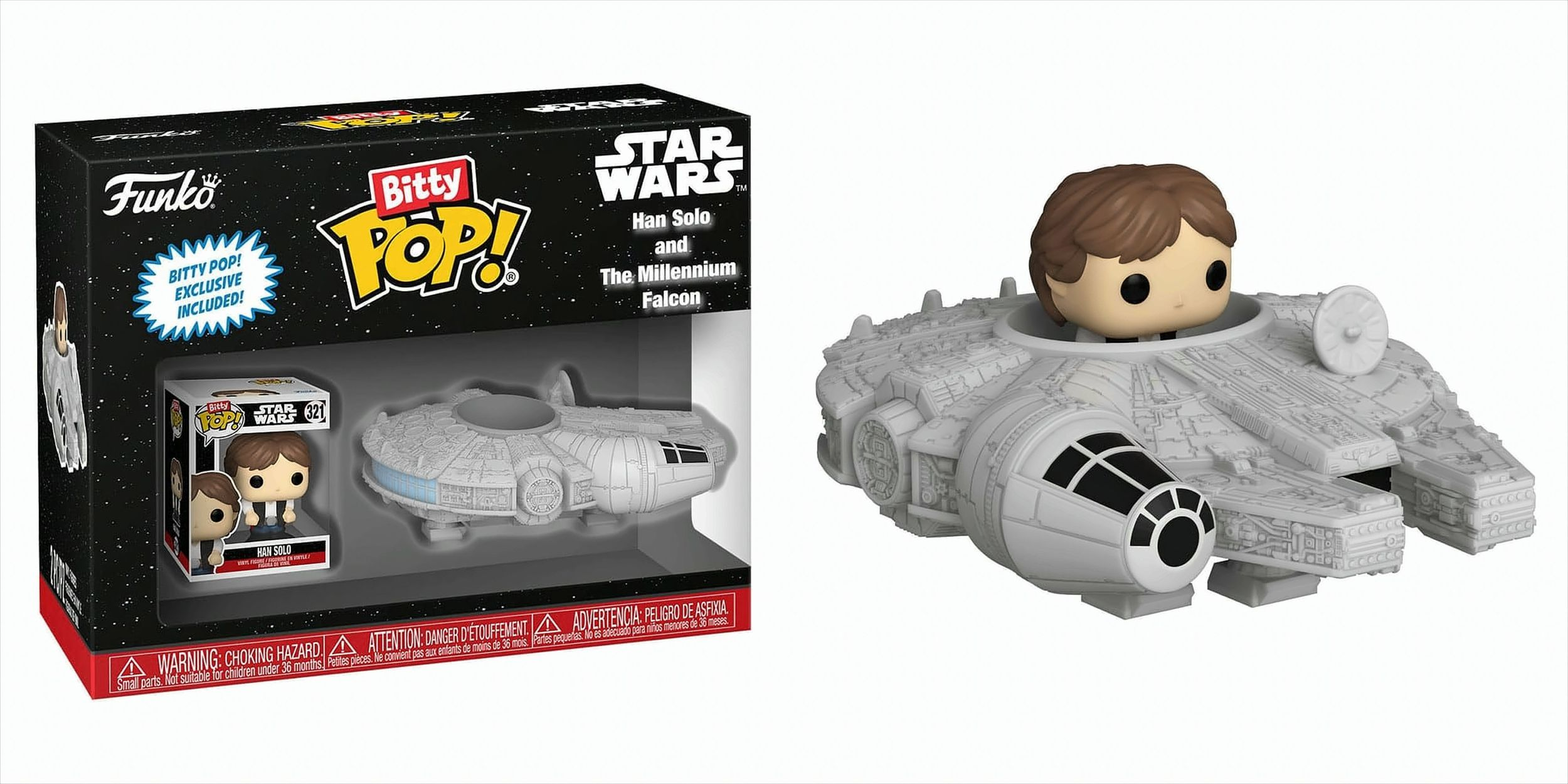 Una scatola Funko Pop con una statuetta di Han Solo e il modello Millennium Falcon. Lo sfondo è bianco.