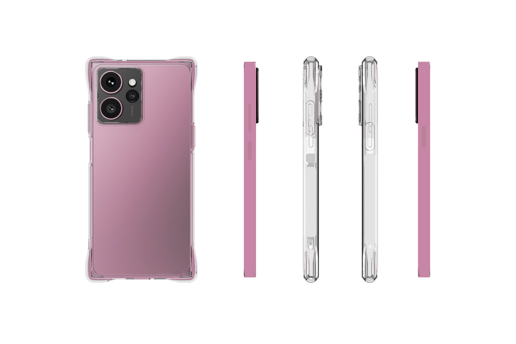 Eine rosa Handyhülle, mit einem Telefon darin, aus mehreren Blickwinkeln gezeigt.