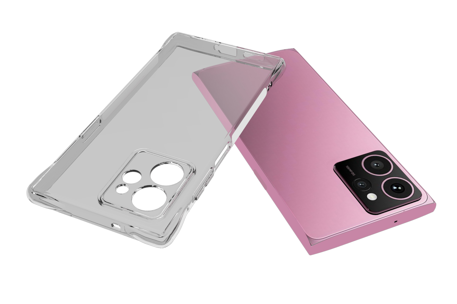 Rosa Telefon und transparente Handyhülle; Handyhülle ist auf dem Telefon.