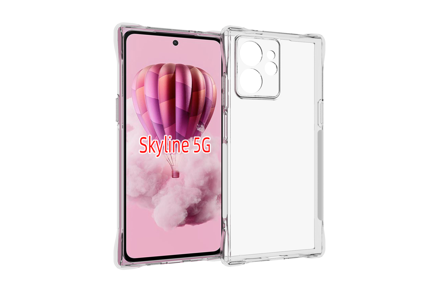 Telefon in klarer Hülle mit rosa Himmel und Heißluftballonbild auf dem Bildschirm.