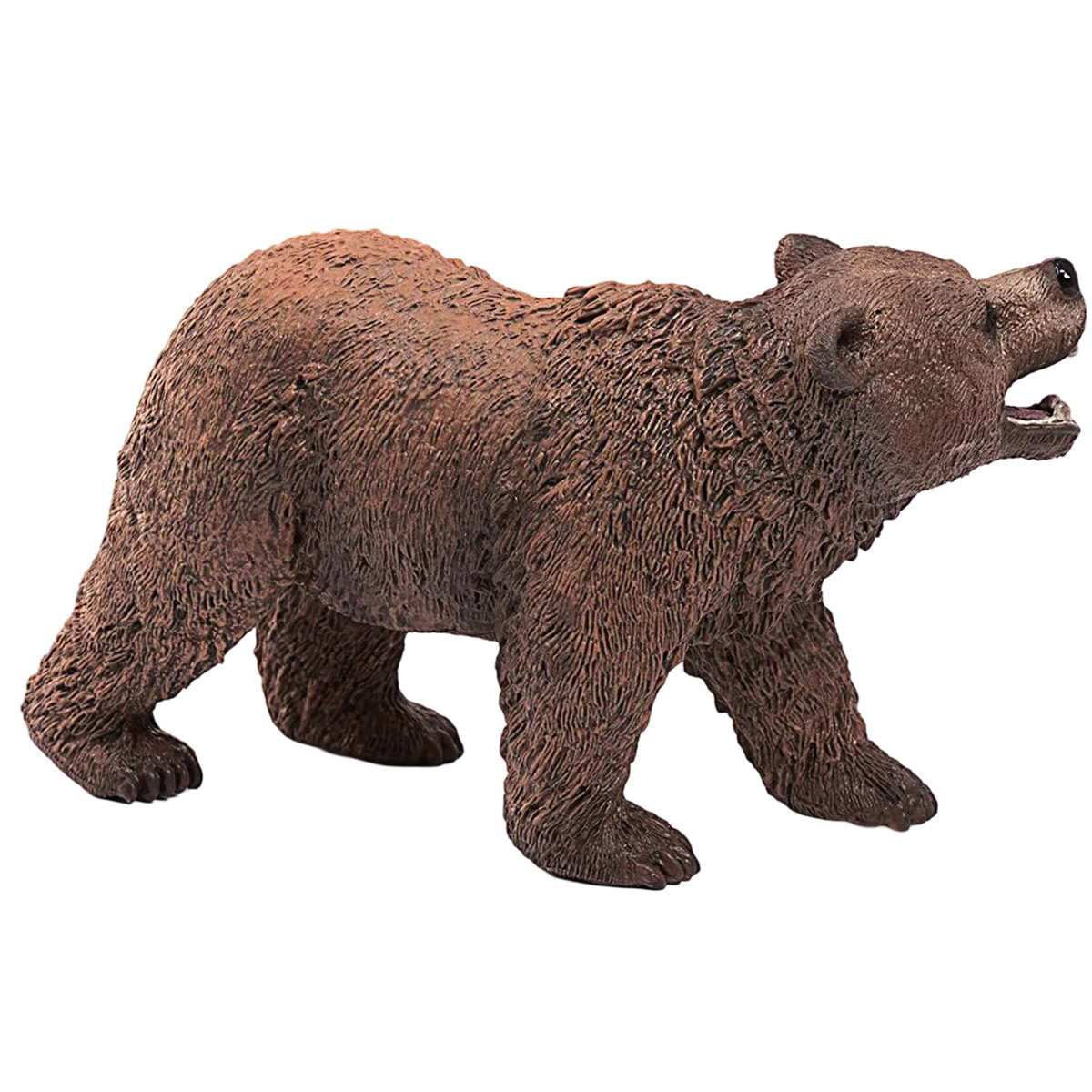 Figurka brązowego niedźwiedzia stojącego z otwartym pyskiem na białym tle.