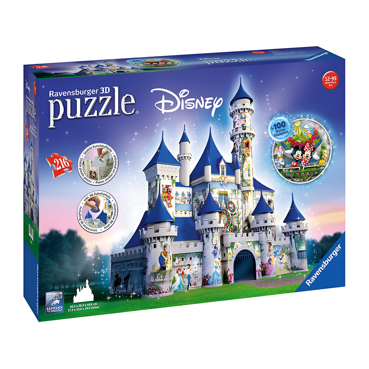 Pudełko z puzzlami 3D Disneya. Pudełko przedstawia zamek z postaciami Disneya.