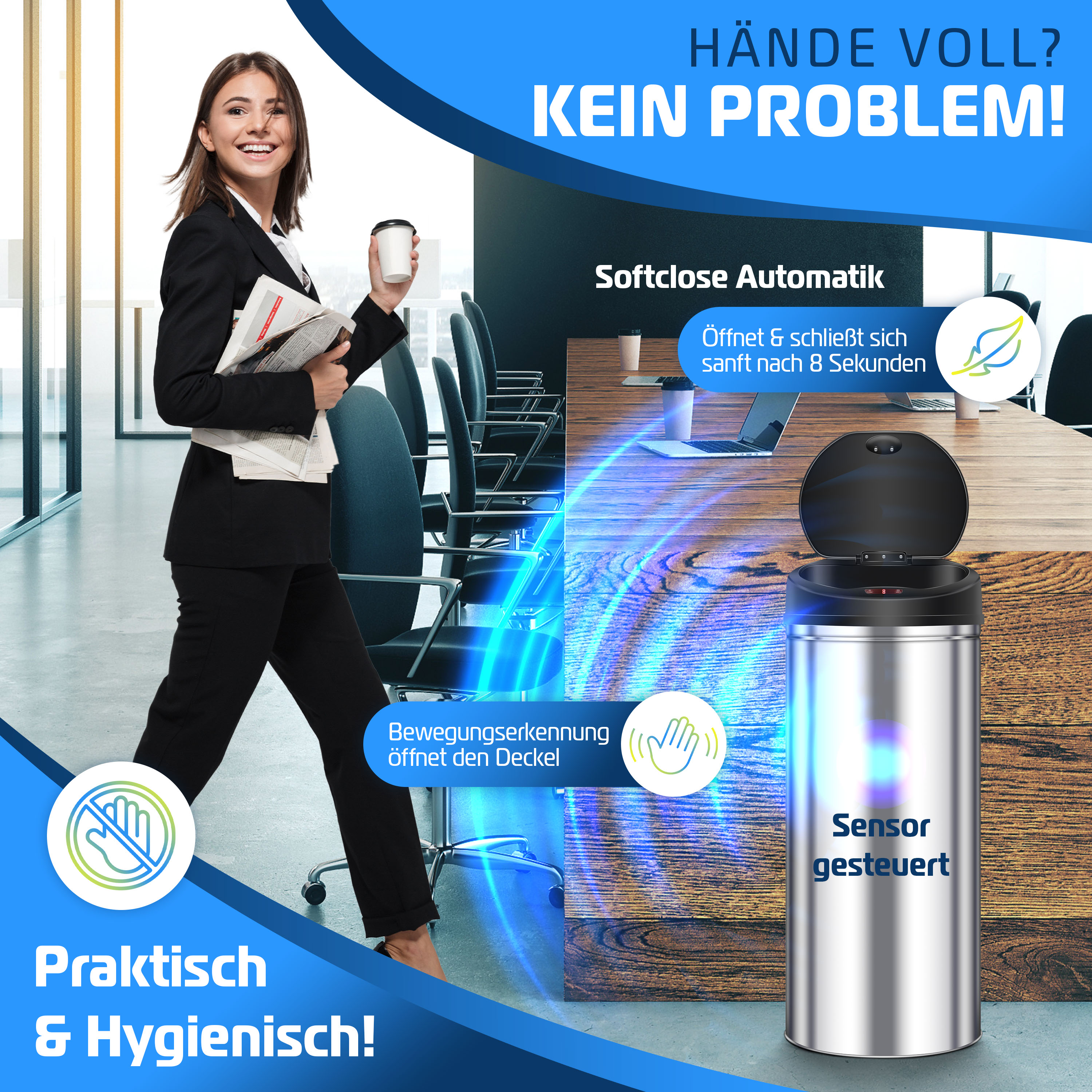 Eine Frau geht auf einen Sensor-Mülleimer zu, hält Kaffee und Papiere. Der Eimer ist offen und glänzend.
