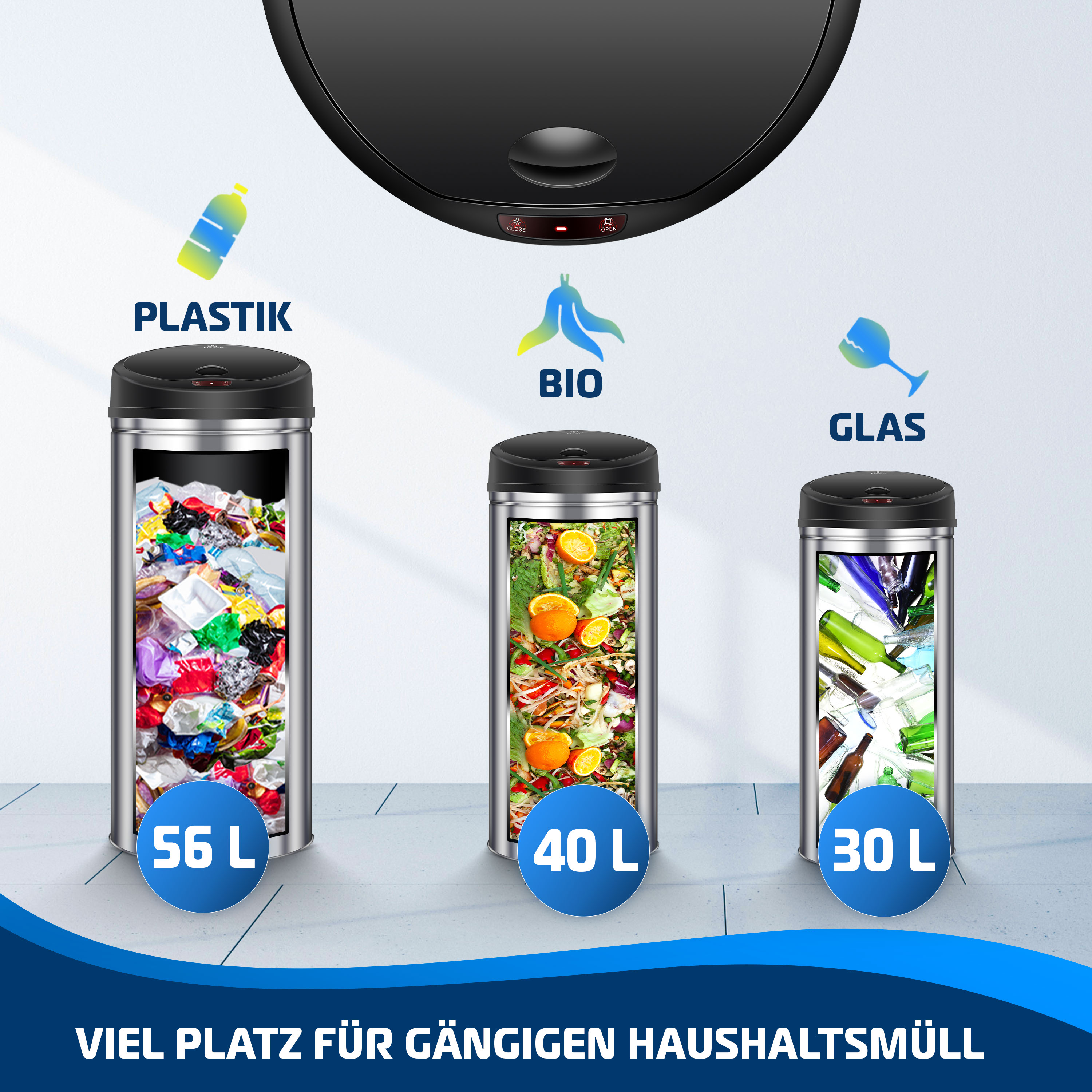 Drei Mülltonnen für Kunststoff, Bio und Glas, mit Beschriftung und Kapazitätsangaben.