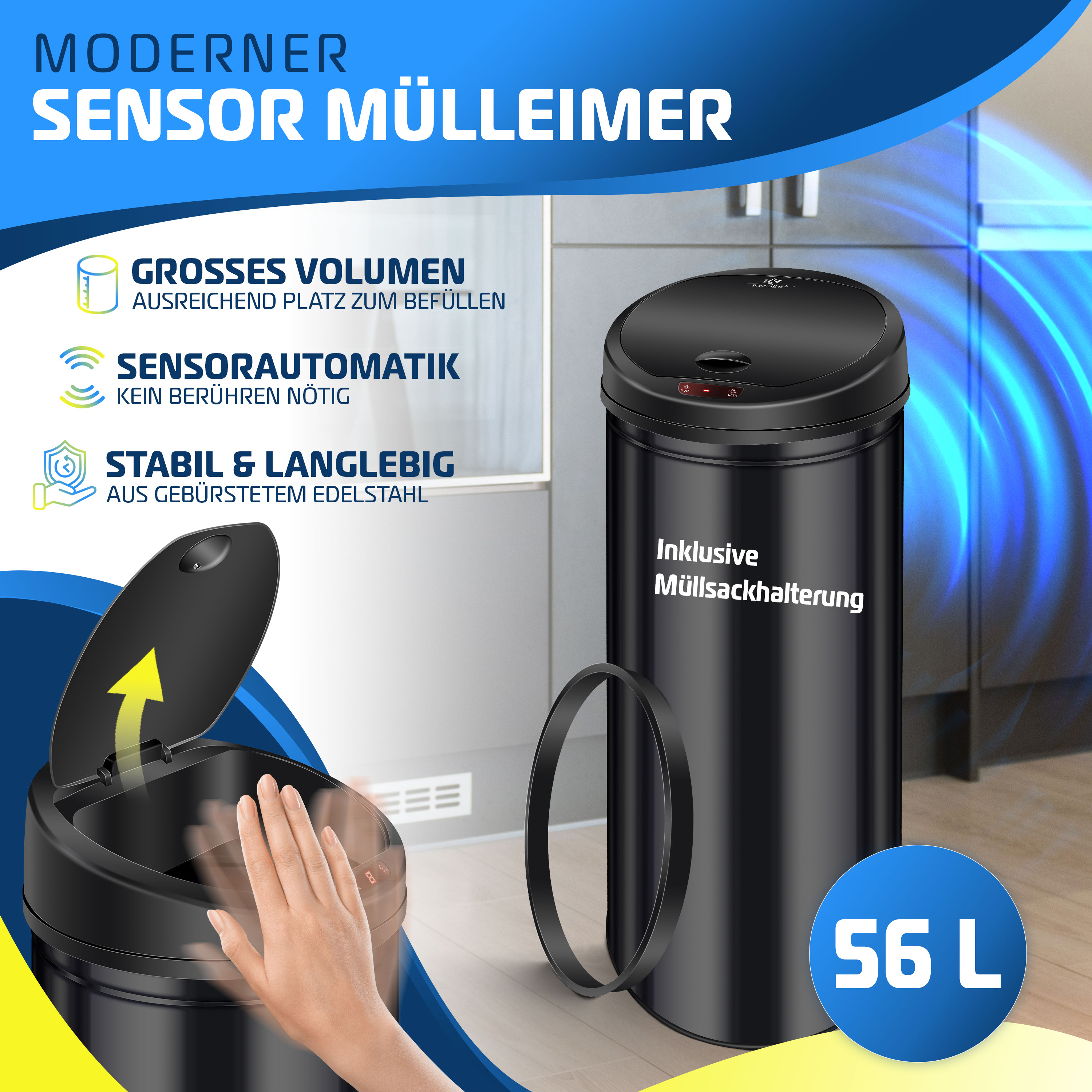 Schwarzer Sensor-Mülleimer mit Text. Eine Hand greift danach, um ihn zu öffnen.