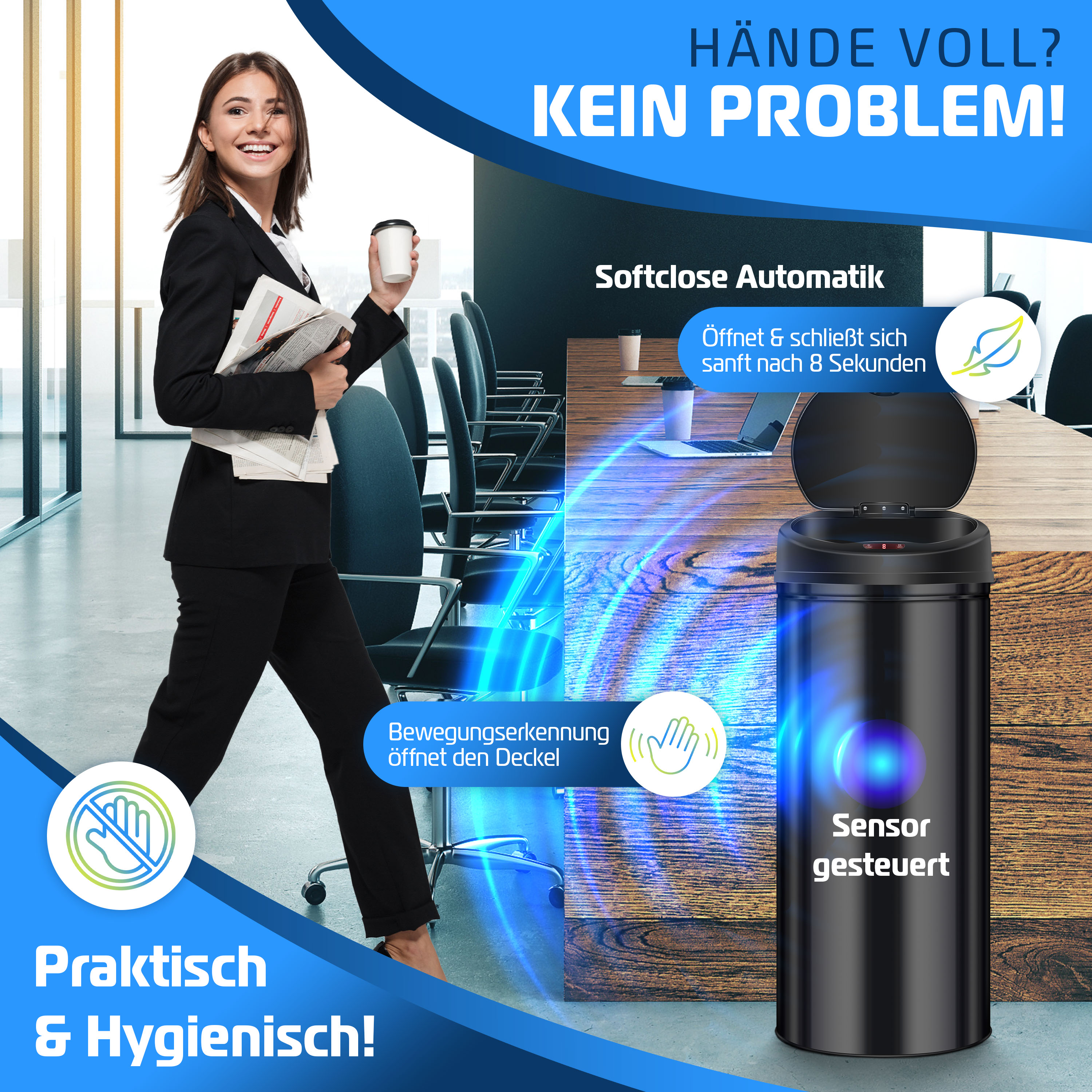 Frau mit Zeitungen neben einem schwarzen Mülleimer. Text: 'HÄNDE VOLL? KEIN PROBLEM!' und weitere Infos.