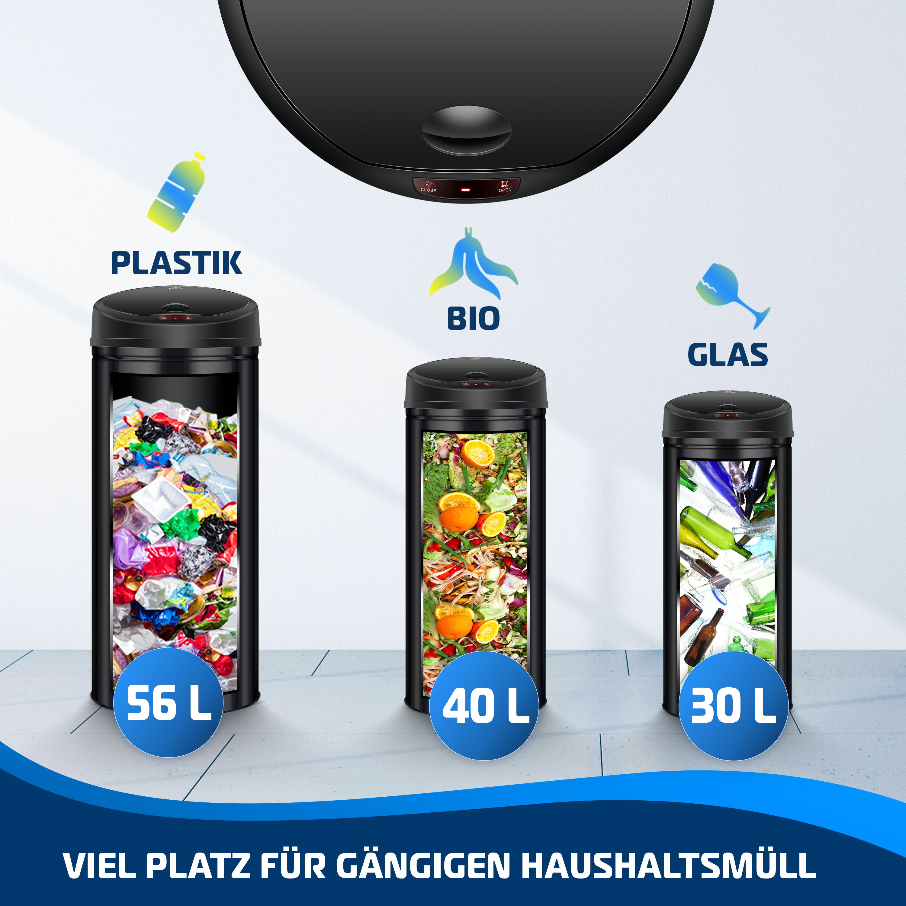 Drei schwarze Behälter für Plastik, Bio und Glas, mit Kapazitätsangaben.