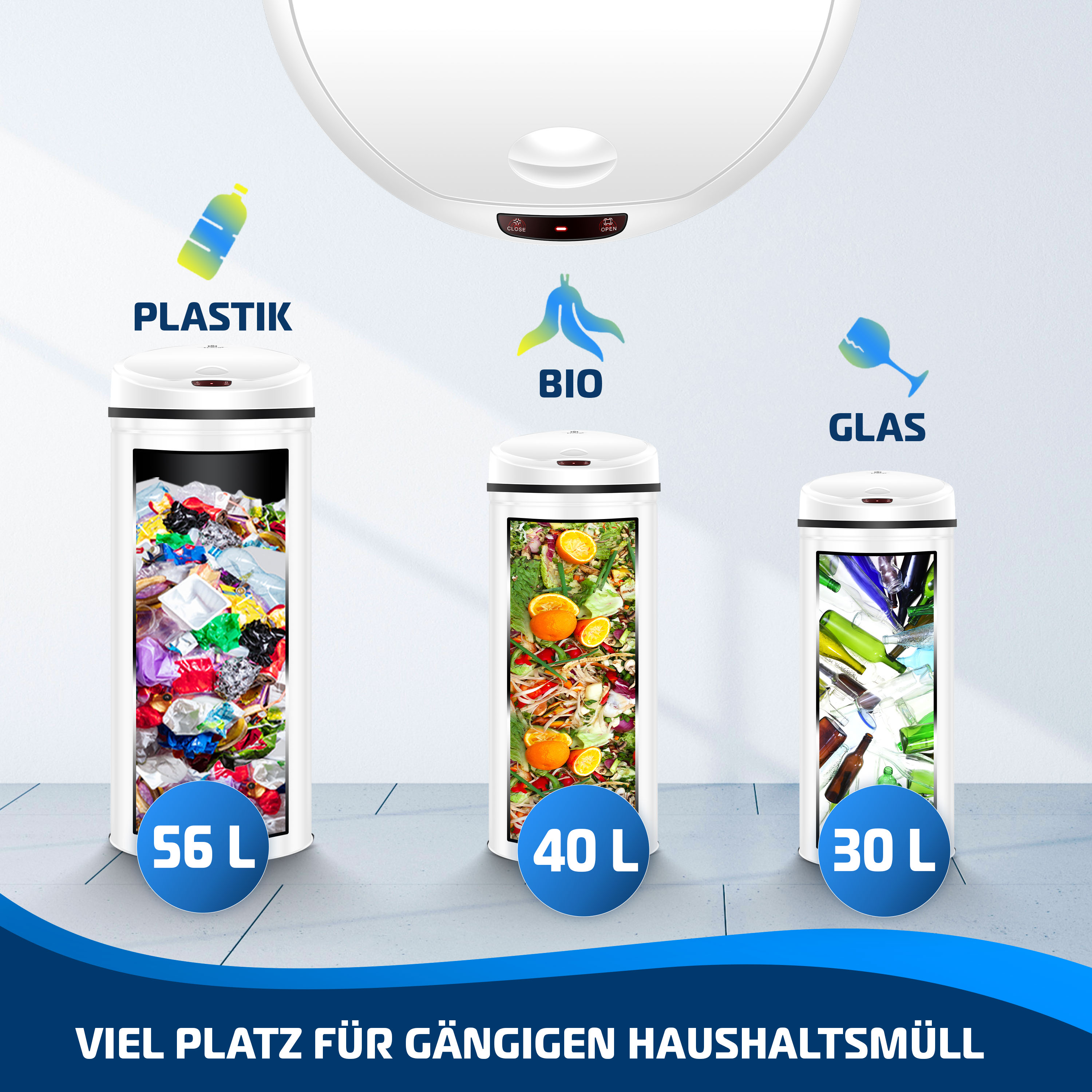 Ein Recycling-Mülleimer mit 3 Fächern: Plastik, Bio und Glas. Die Behälter sind 56, 40 und 30L.
