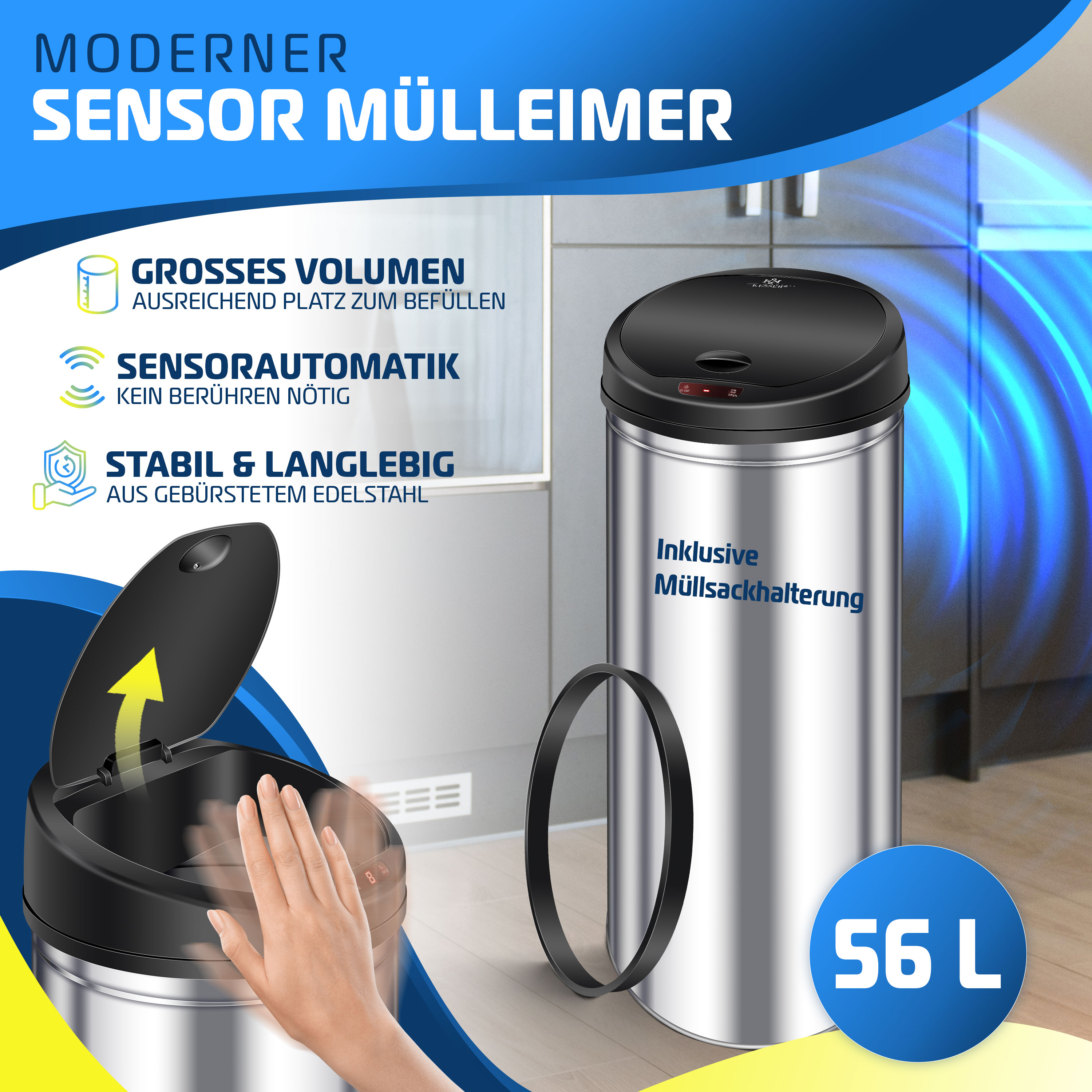 Ein Mülleimer aus Edelstahl. Er hat einen schwarzen Deckel mit Sensor. Der Behälter ist silber.
