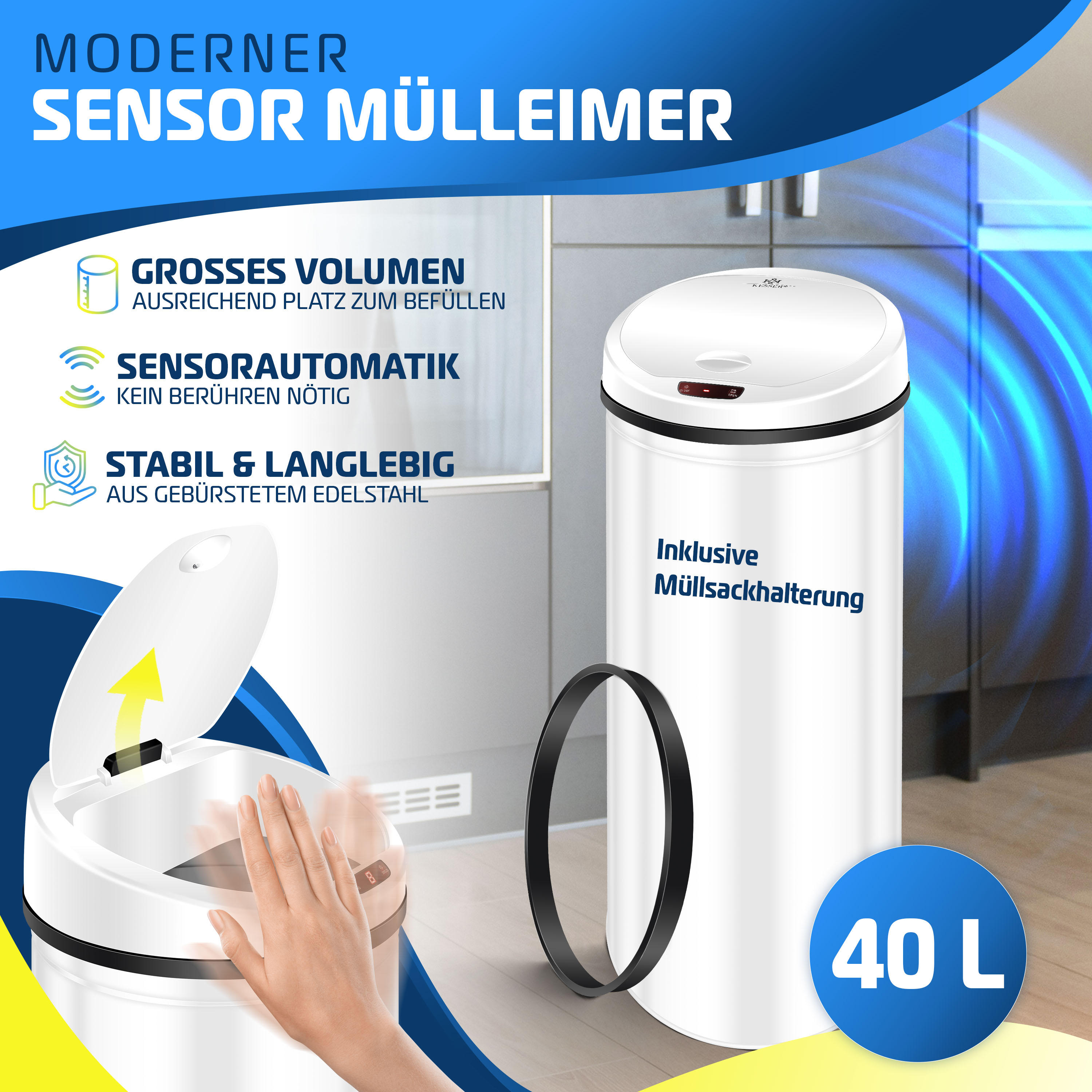 Weißer Sensor-Mülleimer mit offenem Deckel, Textlabels und Text. Eine Hand greift nach dem offenen Deckel.