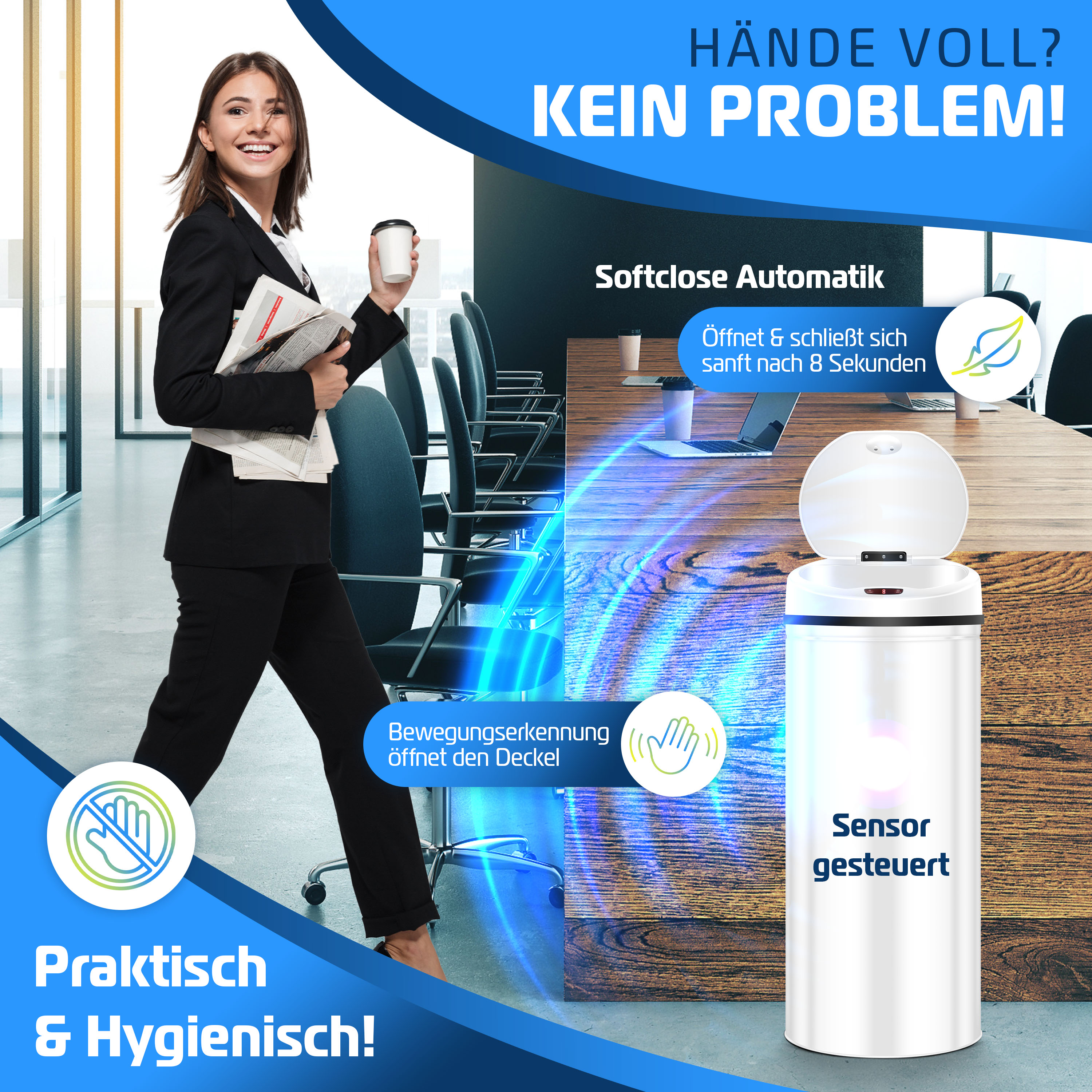 Ein weißer L-förmiger Schreibtisch mit Computer, Monitor und Büromaterialien in einem hellen Raum.