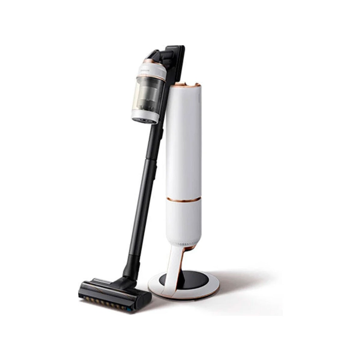 Odkurzacz bezprzewodowy, czarno-biały, ze stacją bazową. Odkurzacz stoi.