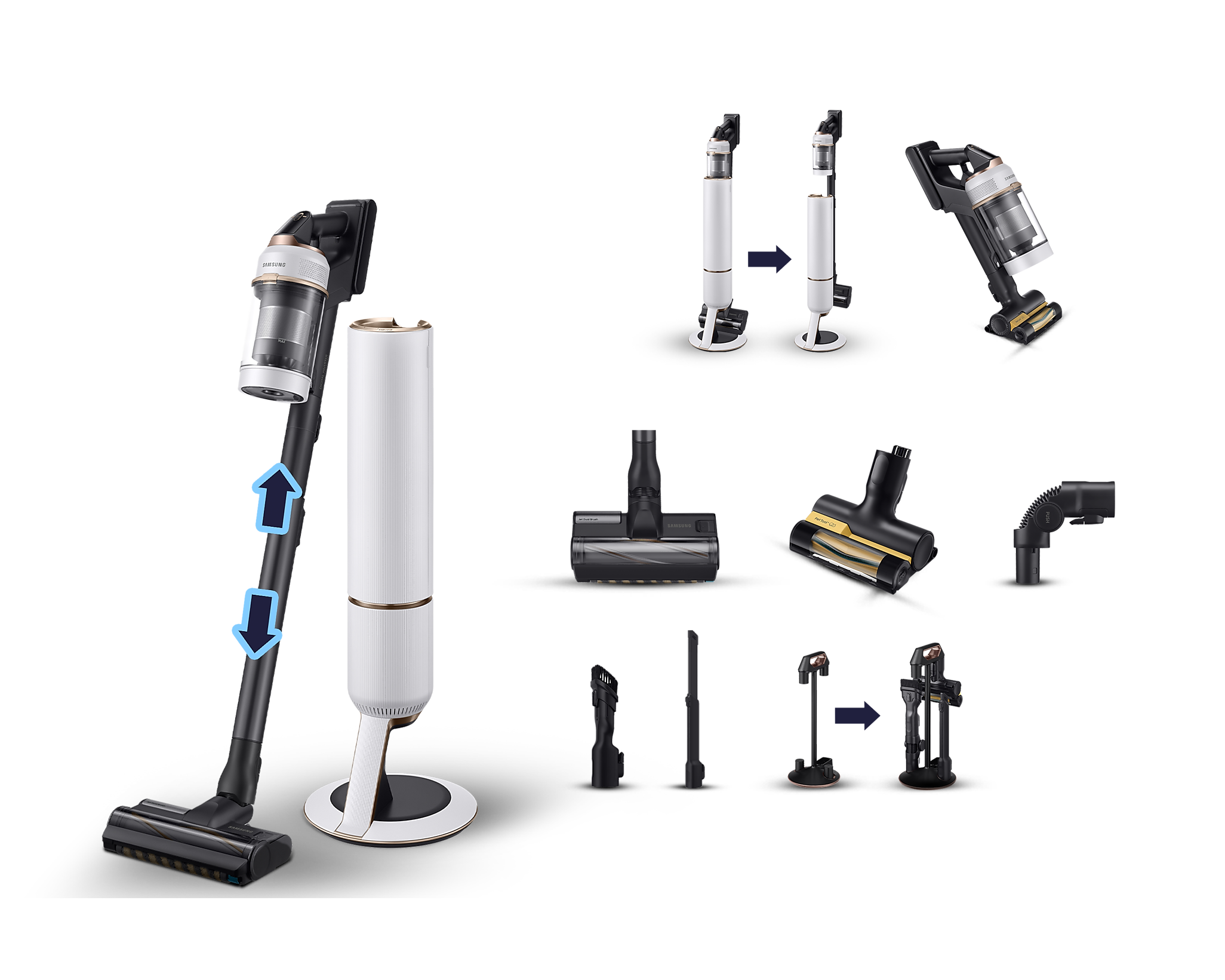 Biały i złoty odkurzacz z różnymi nasadkami na czarnym tle.