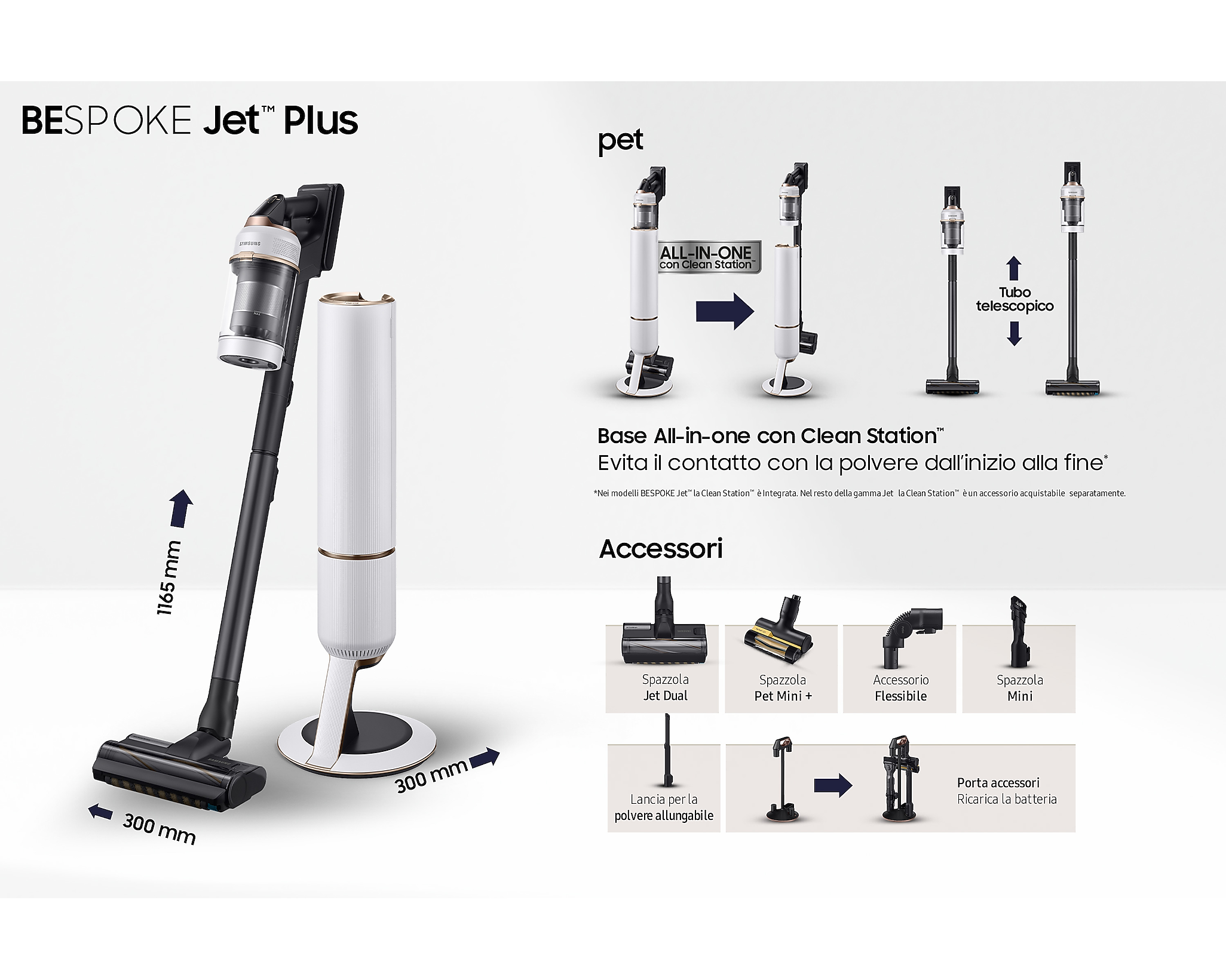 Odkurzacz i jego akcesoria. Pokazuje stację czyszczącą typu all-in-one i rurę teleskopową.
