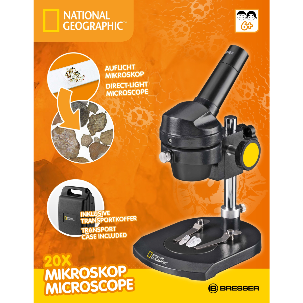 Microscopio National Geographic con accesorios. Caja muestra rocas y detalles del microscopio. Negro y amarillo.
