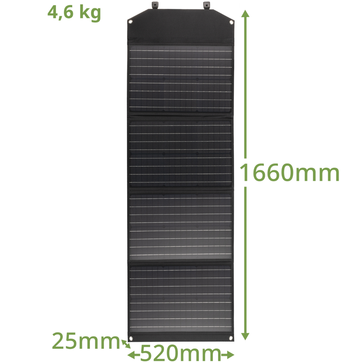 Un panel solar negro largo y plegado con dimensiones. Se encuentra sobre un fondo blanco.