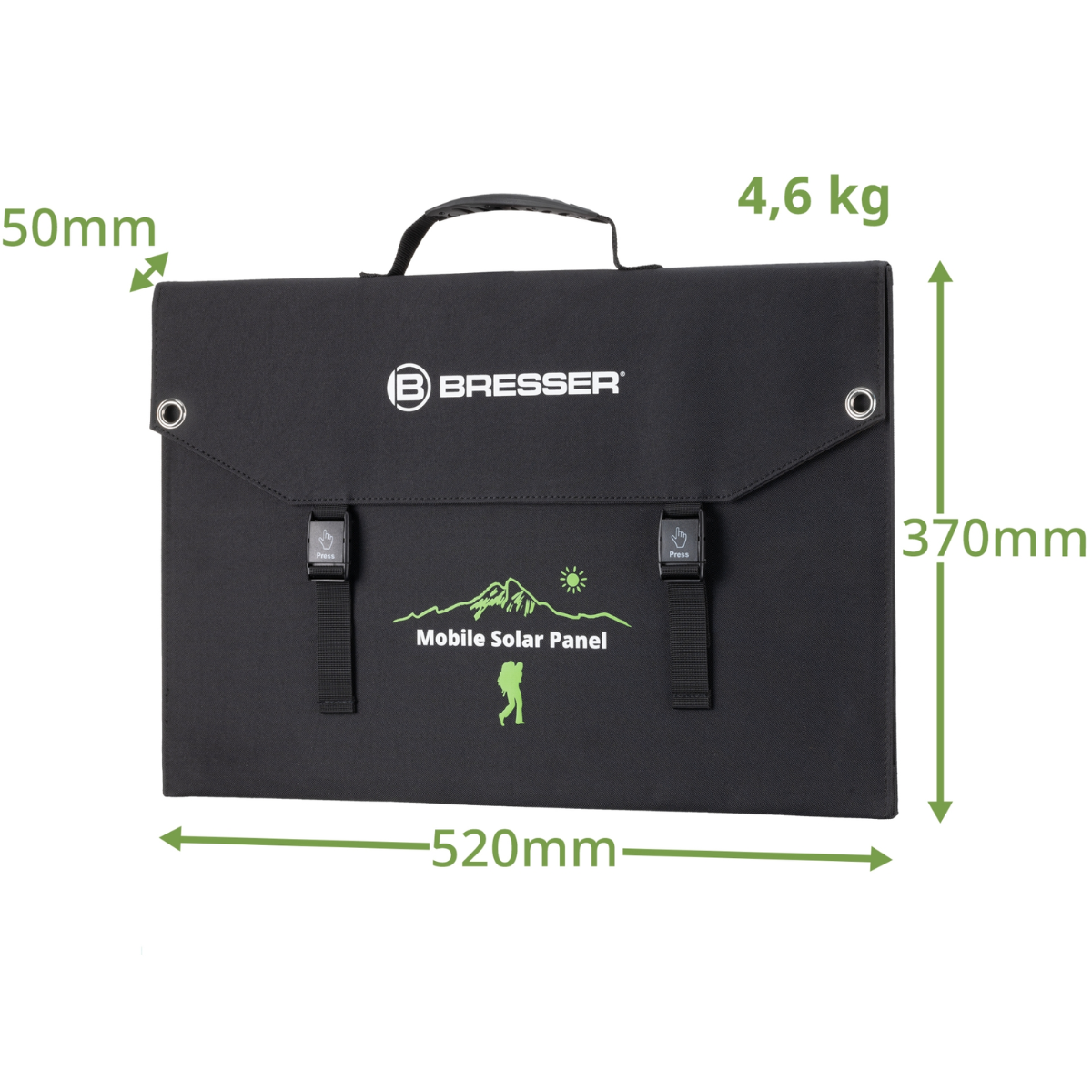 Panel solar plegable negro con dimensiones, asa y el logo Bresser. Fondo blanco.