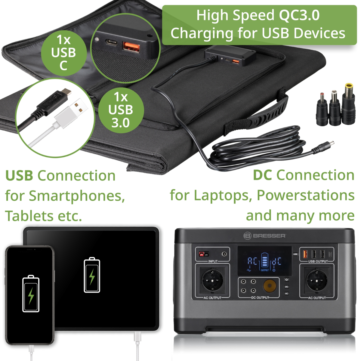 Una configuración de carga con conexiones USB para smartphones y conexiones DC para laptops y otros dispositivos.