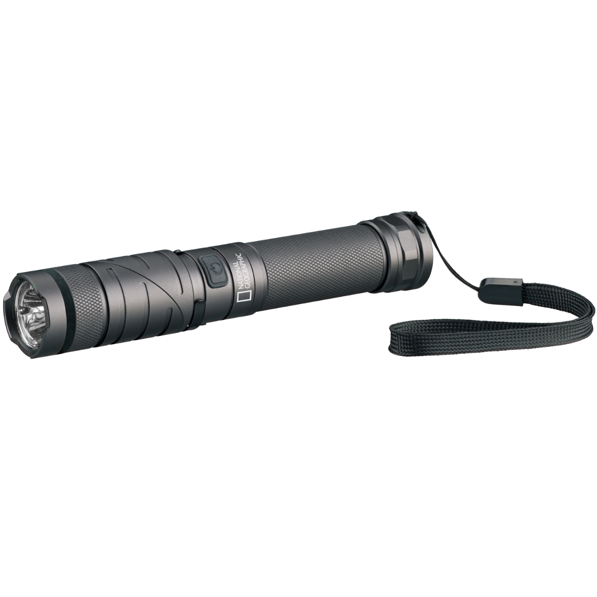 Une lampe de poche noire avec une poignée texturée, un bouton d'alimentation et une dragonne.