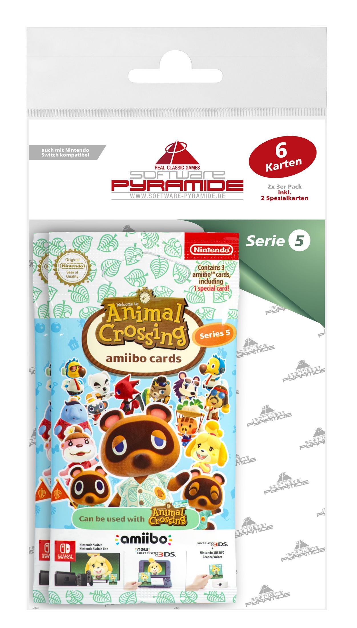 Animal Crossing amiibo Karten-Paket. Enthält Charaktere und Series 5 Branding. Weißer Hintergrund.
