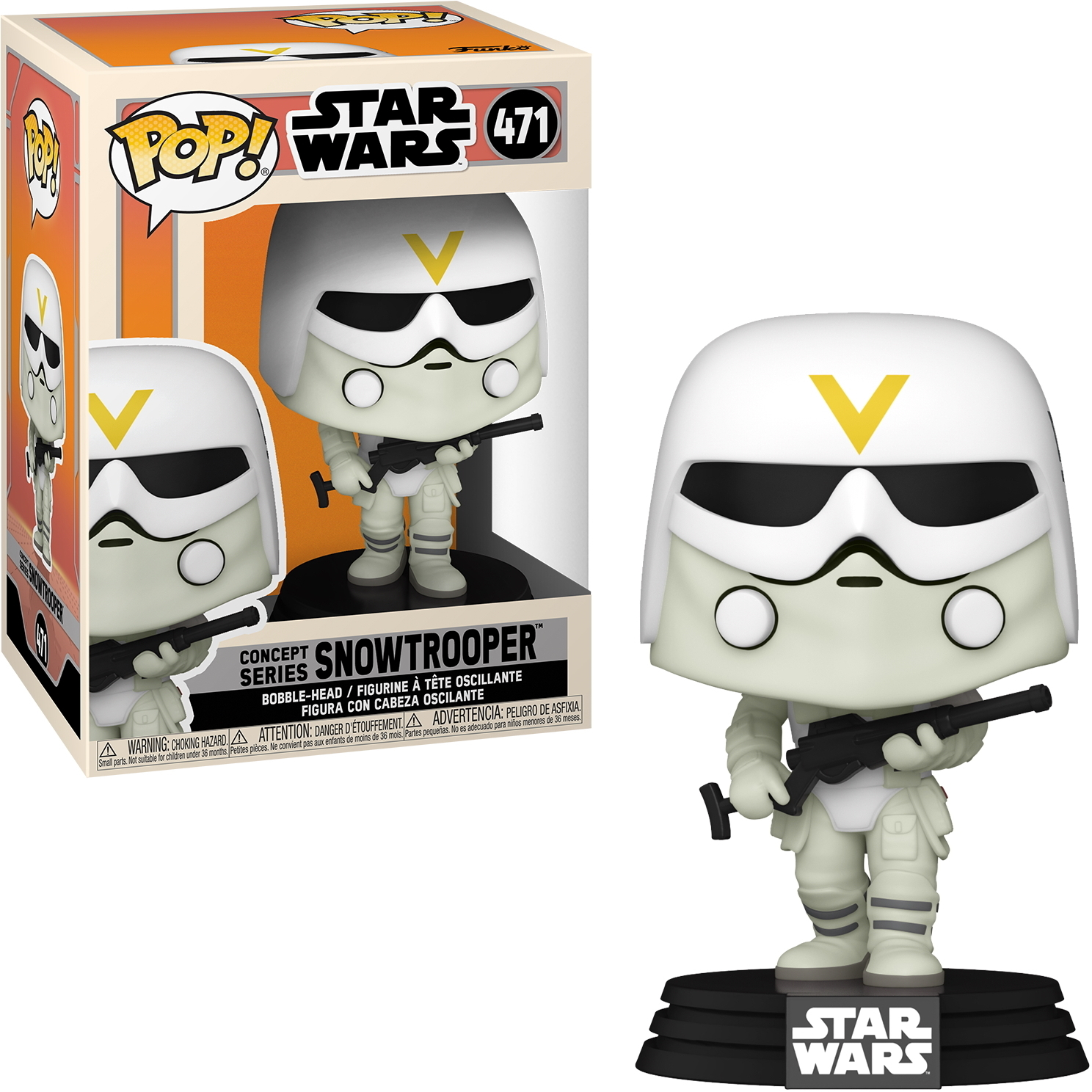 Figurina Snowtrooper di Star Wars, nella sua scatola. Armatura bianca, pistola nera, base.