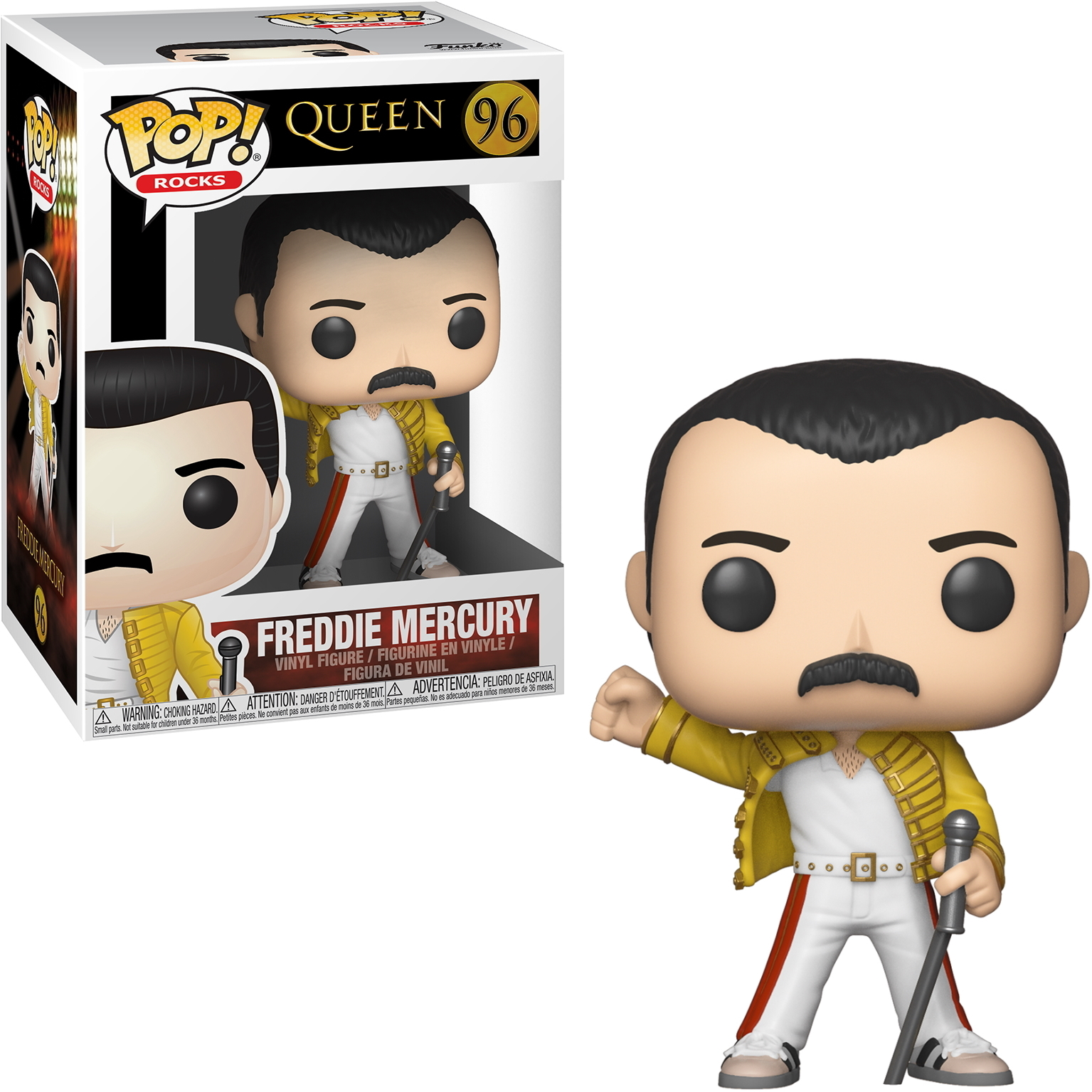 Funko Pop! figura di Freddie Mercury in giacca gialla, con un microfono.