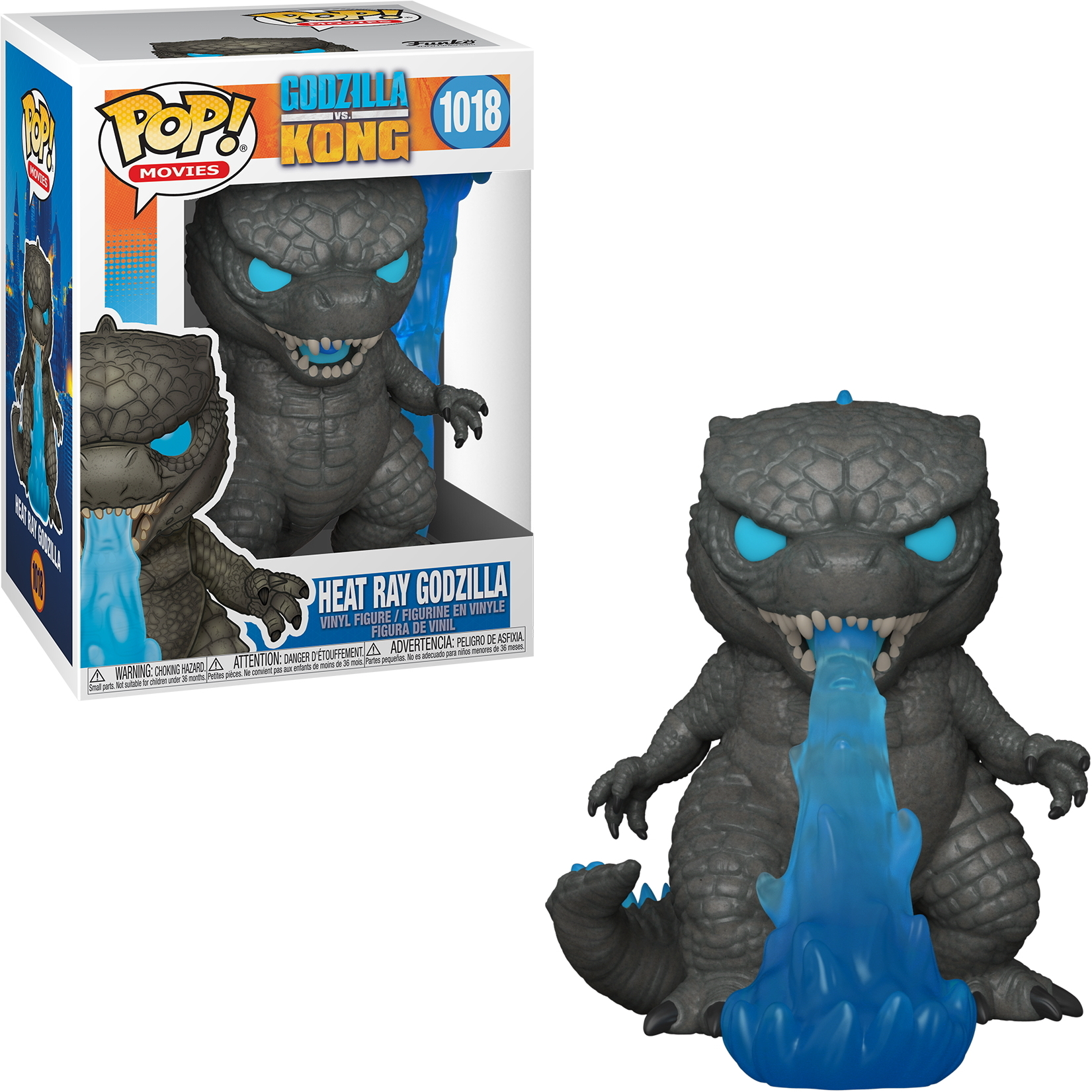 Godzilla-Spielzeug. Grau, mit blauem Feueratem. Es ist in einer Box, die Godzilla im Kampf zeigt.