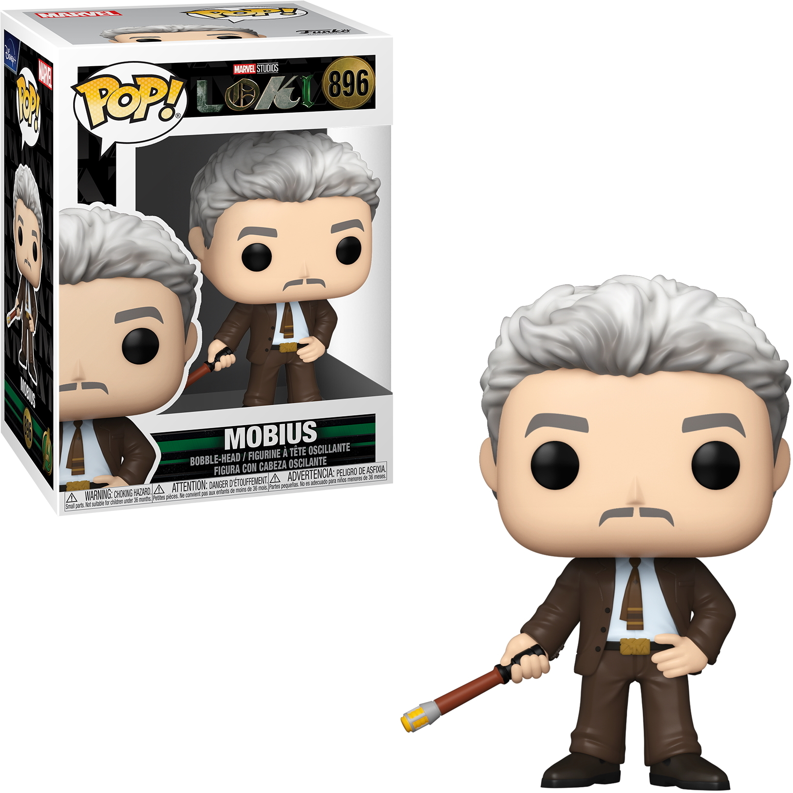 Funko Pop Figur von Mobius aus Loki, mit einer Box und außerhalb der Box.