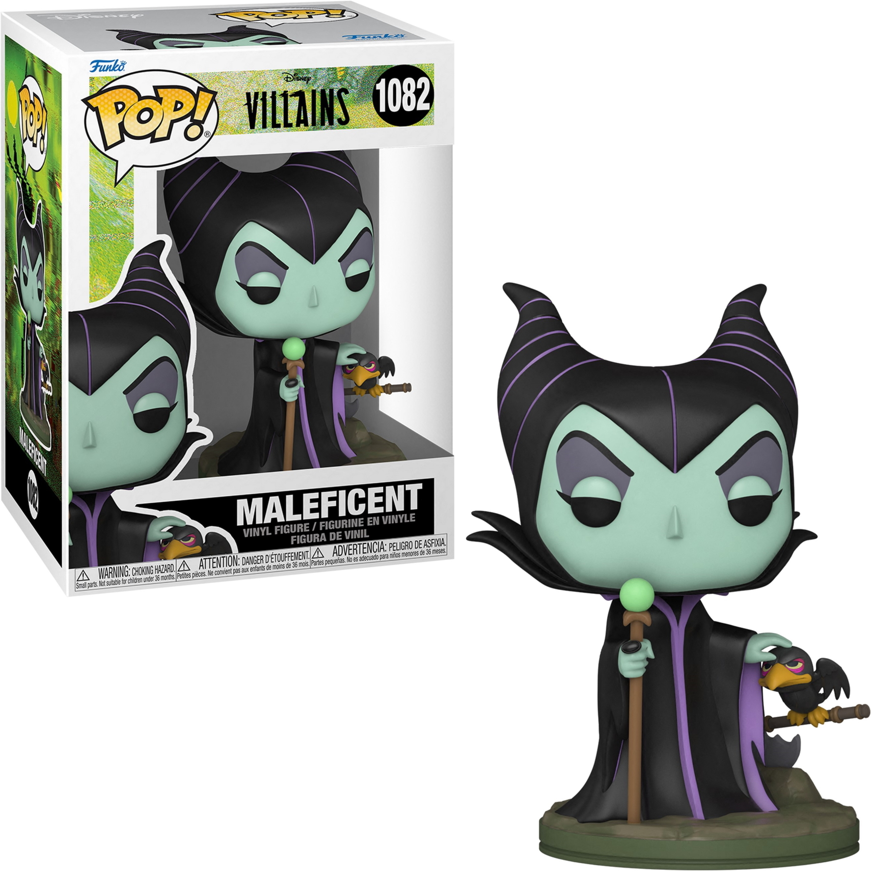 Maleficent Funko Pop figure in box and out. She wears a black robe and holds a staff. A crow is nearby.