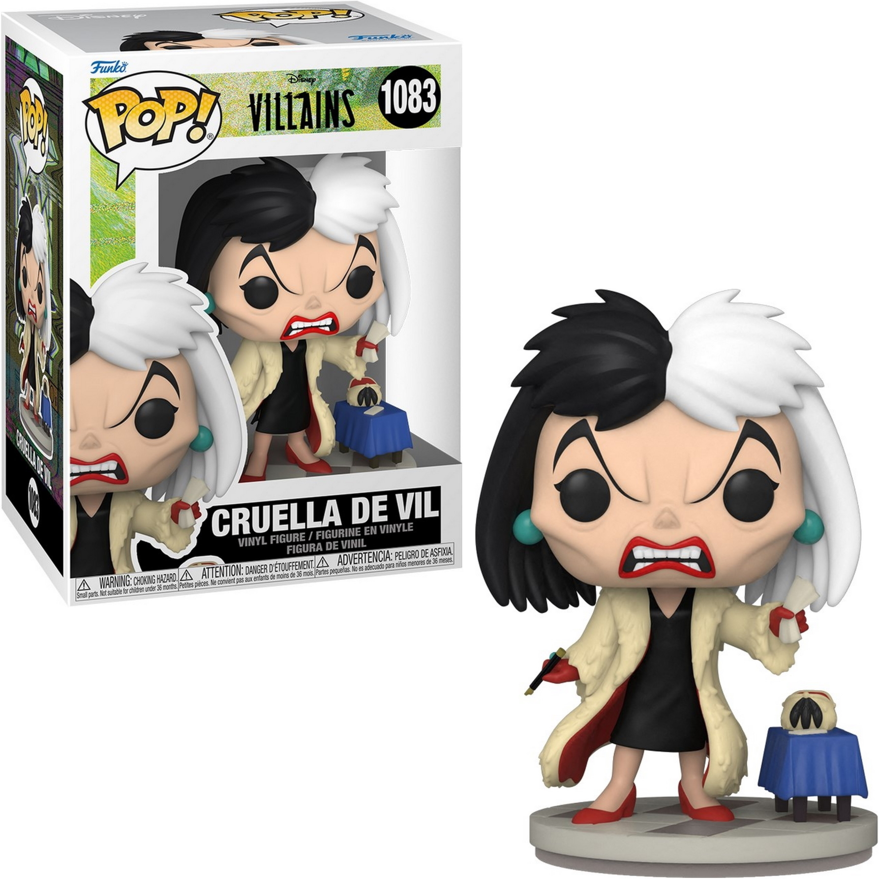 Figura Funko Pop de Cruella de Vil en caja. Pelo blanco y negro, vestido rojo, con pistola.