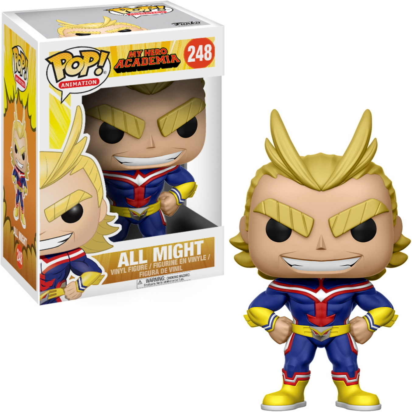 All Might-Figur aus My Hero Academia in einer Box und die stehende Figur.