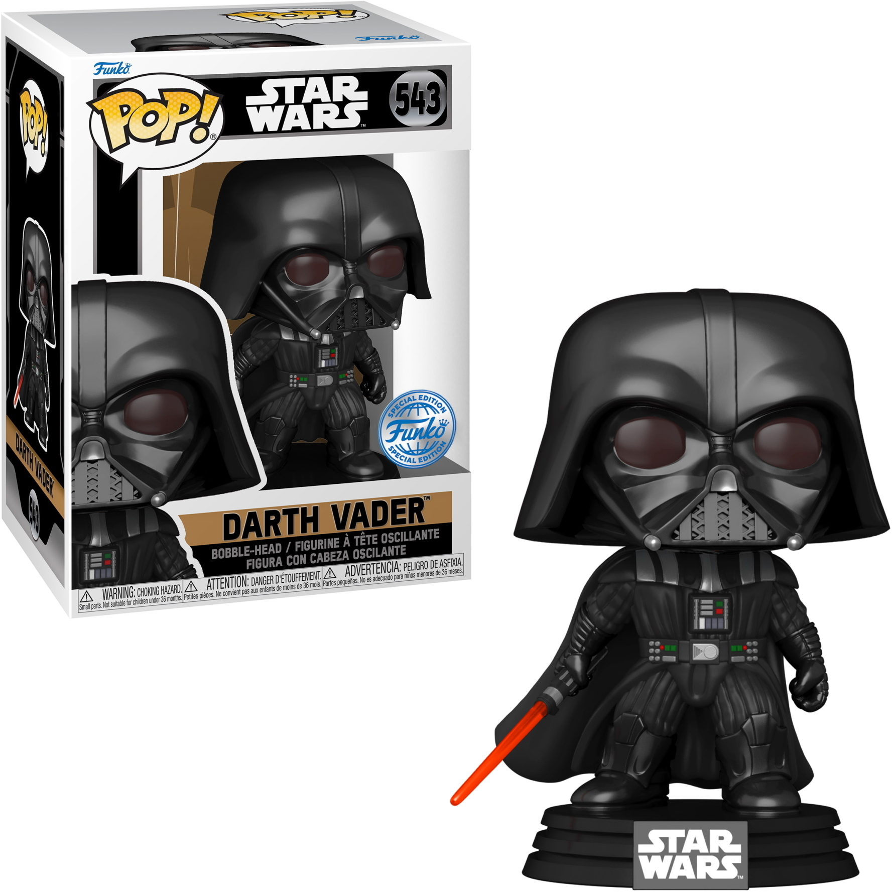 Figura Funko Pop di Darth Vader e scatola. Indossa un mantello nero e ha una spada laser rossa.