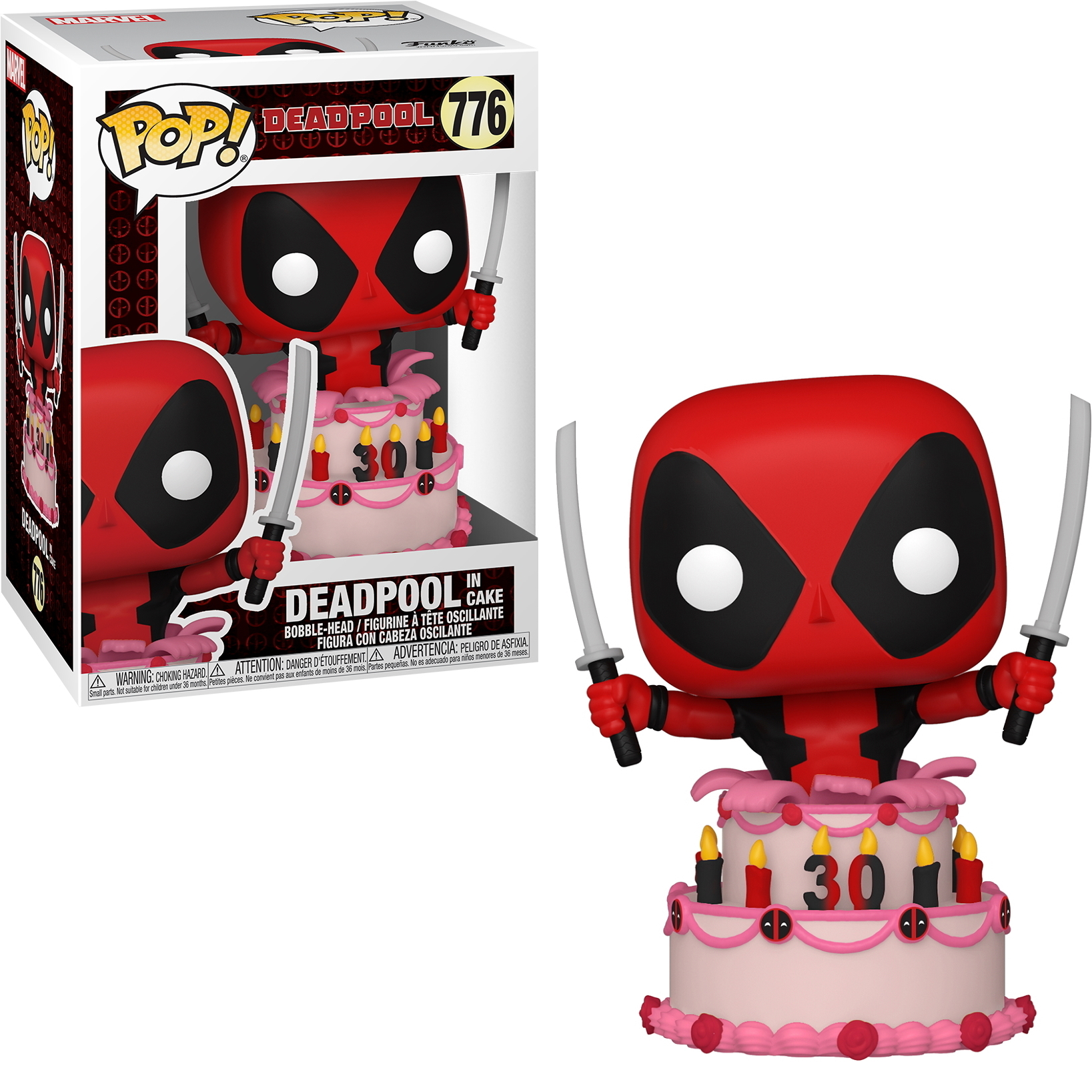 Figura Funko Pop di Deadpool su torta. Scatola mostra figura e torta. Figura tiene spade. Torta con candele '30'.